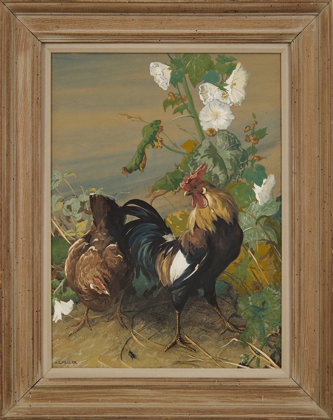 L'insetto, paesaggio dei primi del Novecento con gallo e gallina, Scuola di Cleveland - Painting di Henry Keller