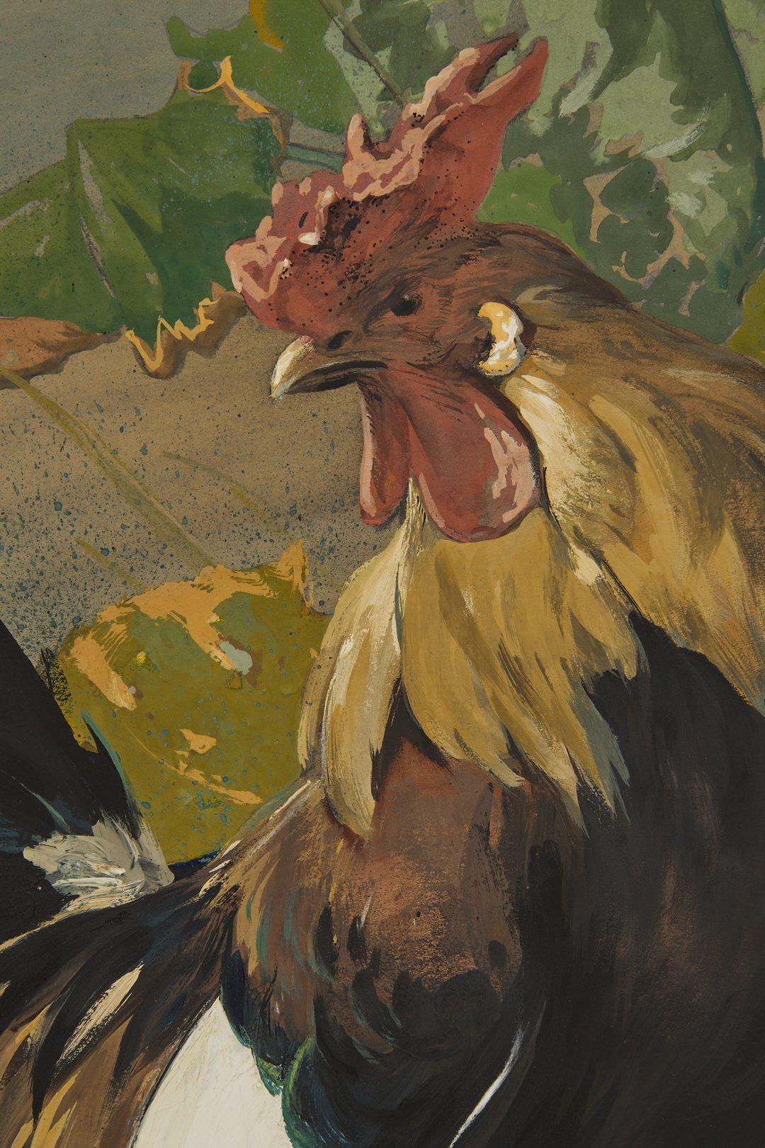 L'insetto, paesaggio dei primi del Novecento con gallo e gallina, Scuola di Cleveland - Animal Painting Marrone di Henry Keller