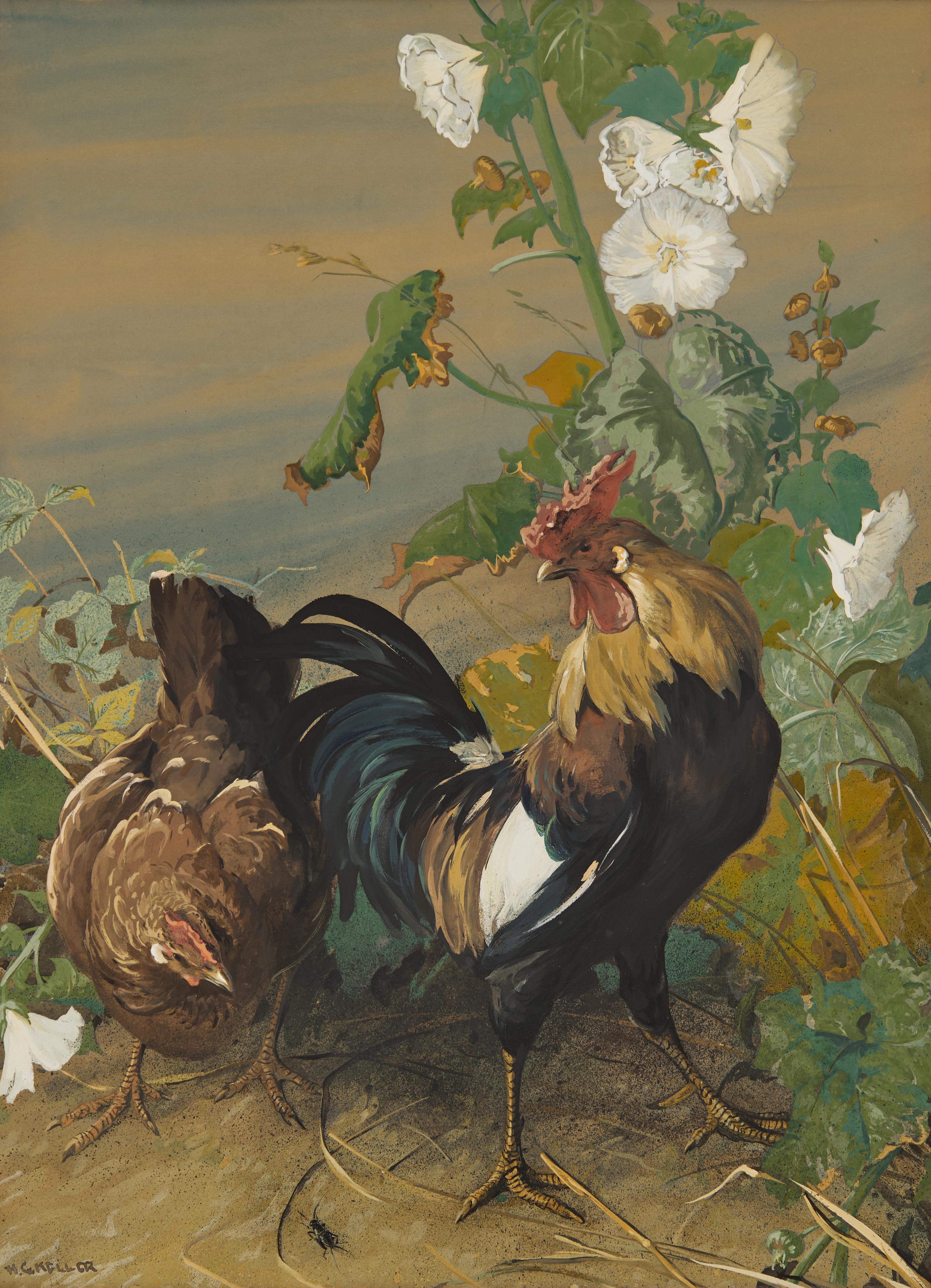 Animal Painting Henry Keller - The Bug, paysage du début du 20e siècle avec coq et poulet, Cleveland School