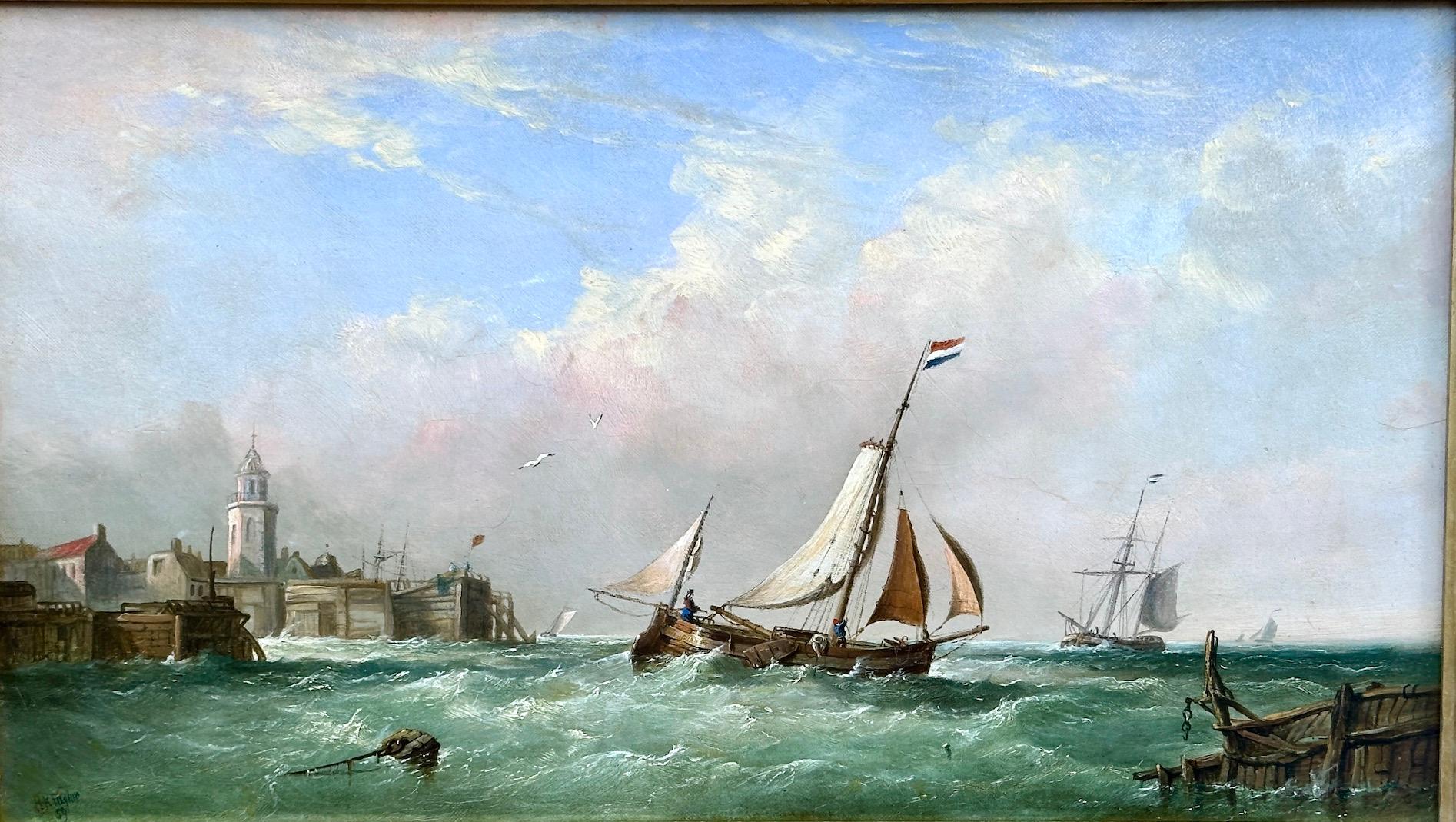 19th century English marine Sailing scene of Dutch fishing boats by a harbor  - Painting by Henry King Taylor