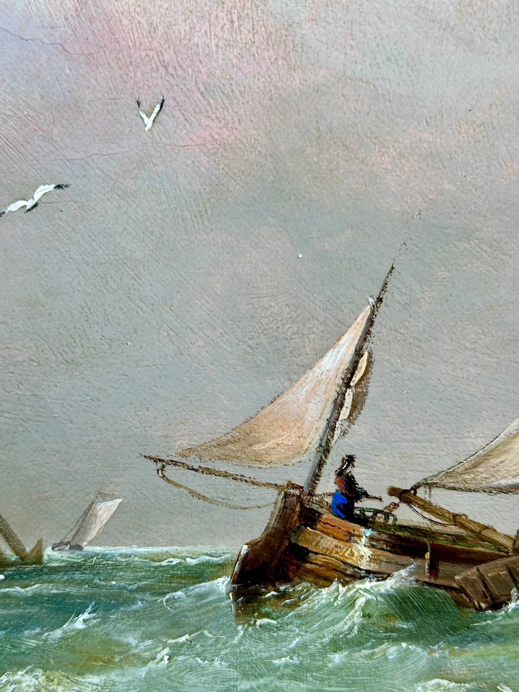 Henry King Taylor was a marine and coastal scene painter who lived in London. He exhibited at the Royal Academy from 1859 to 1864 with titles including ‘The Passing Storm’, ‘The Ramsgate Lifeboat’, and ‘Dutch Shipping’. He also exhibited at the