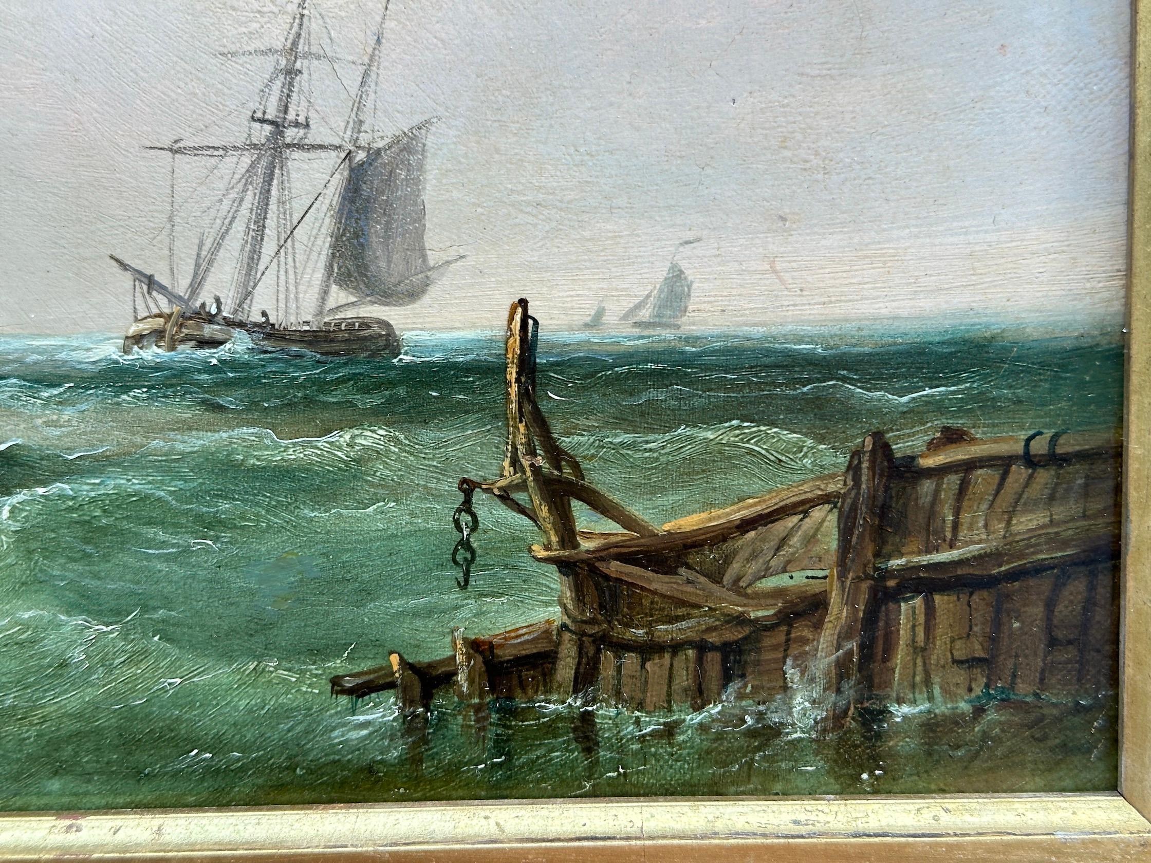 19th century English marine Sailing scene of Dutch fishing boats by a harbor  For Sale 5