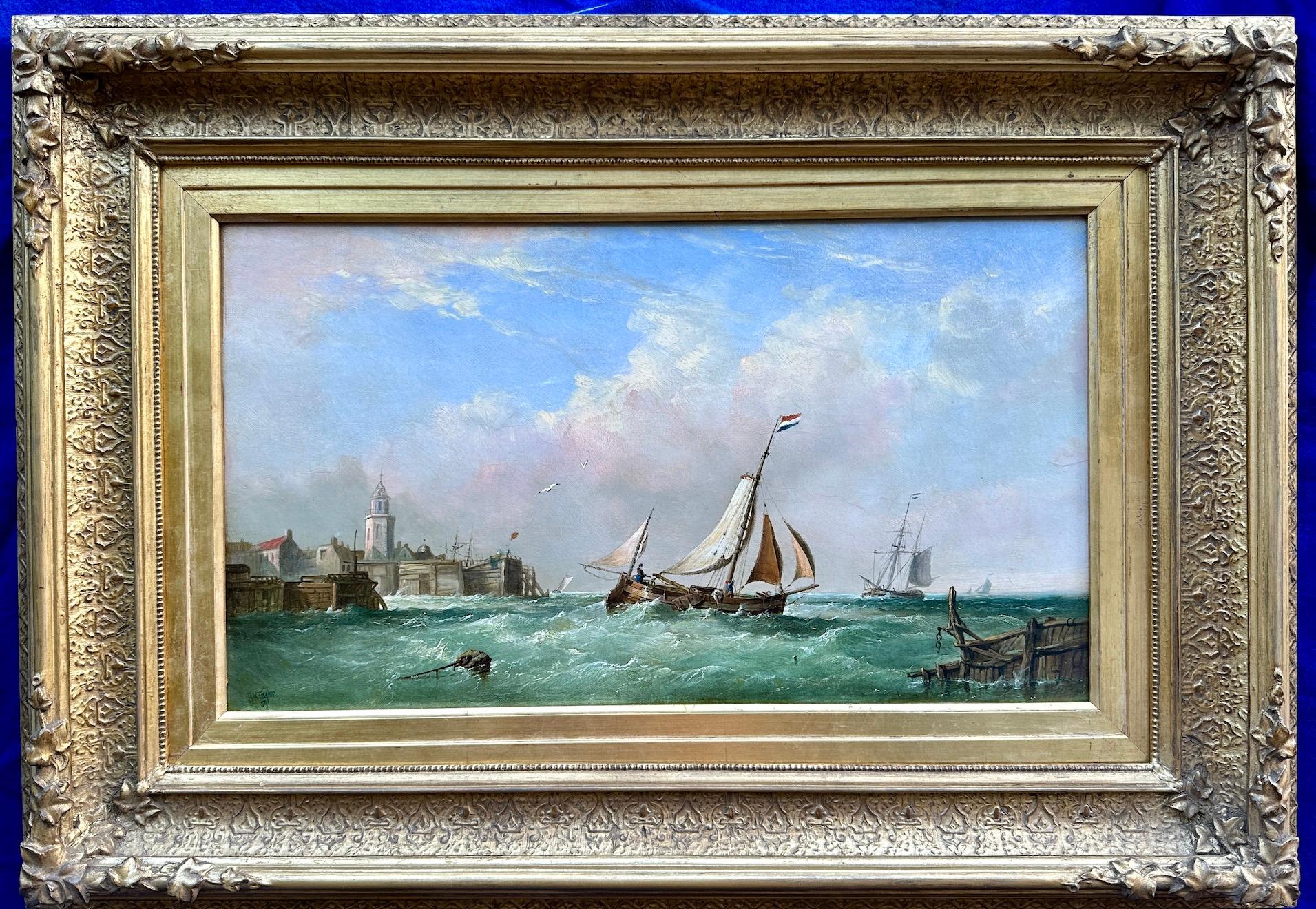 19th century English marine Sailing scene of Dutch fishing boats by a harbor 