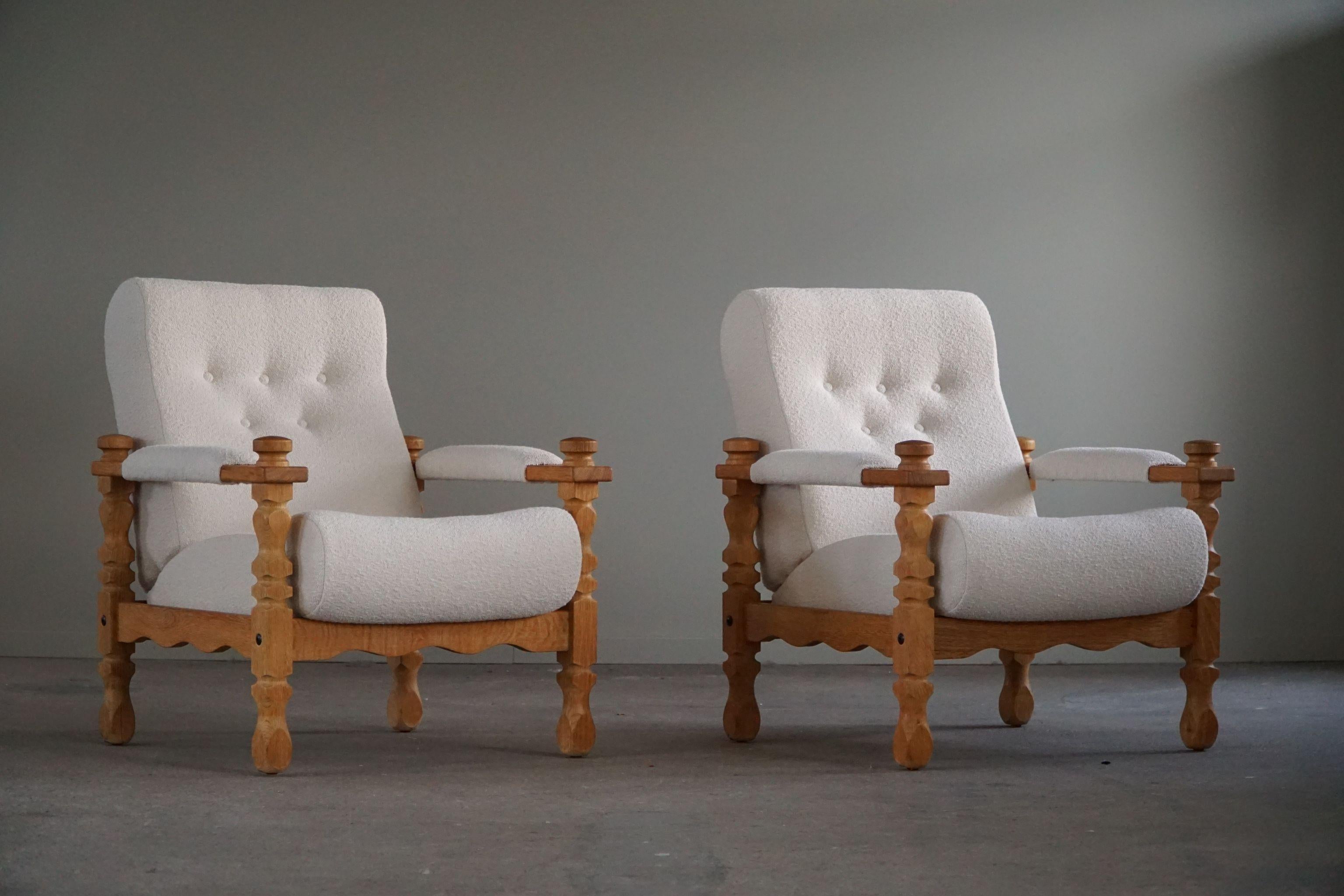 Henning Kjærnulf, Pair of Modern Easy Chairs in Oak & Bouclé, Made in 1960s 10