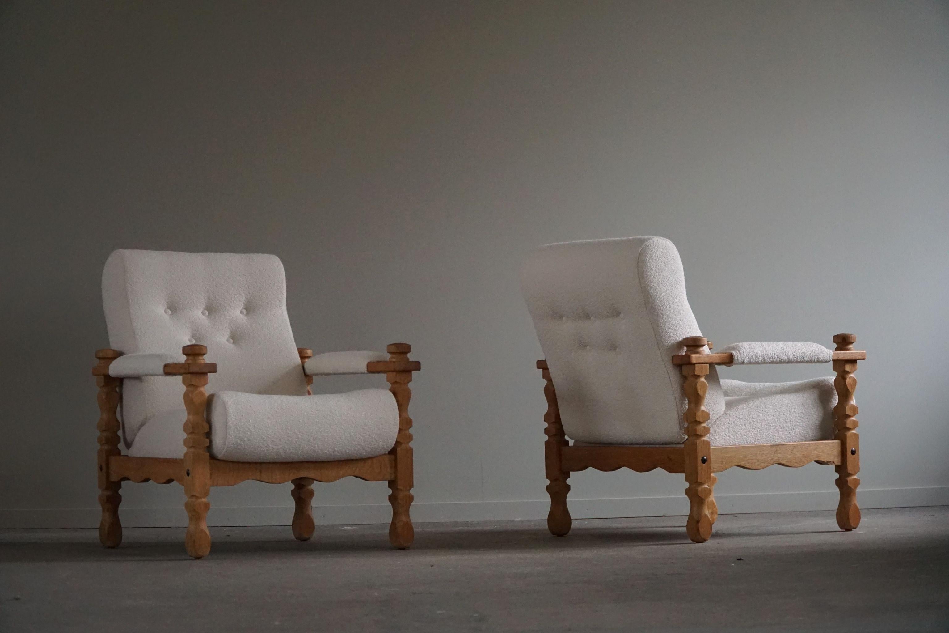 Henning Kjærnulf, Pair of Modern Easy Chairs in Oak & Bouclé, Made in 1960s 1