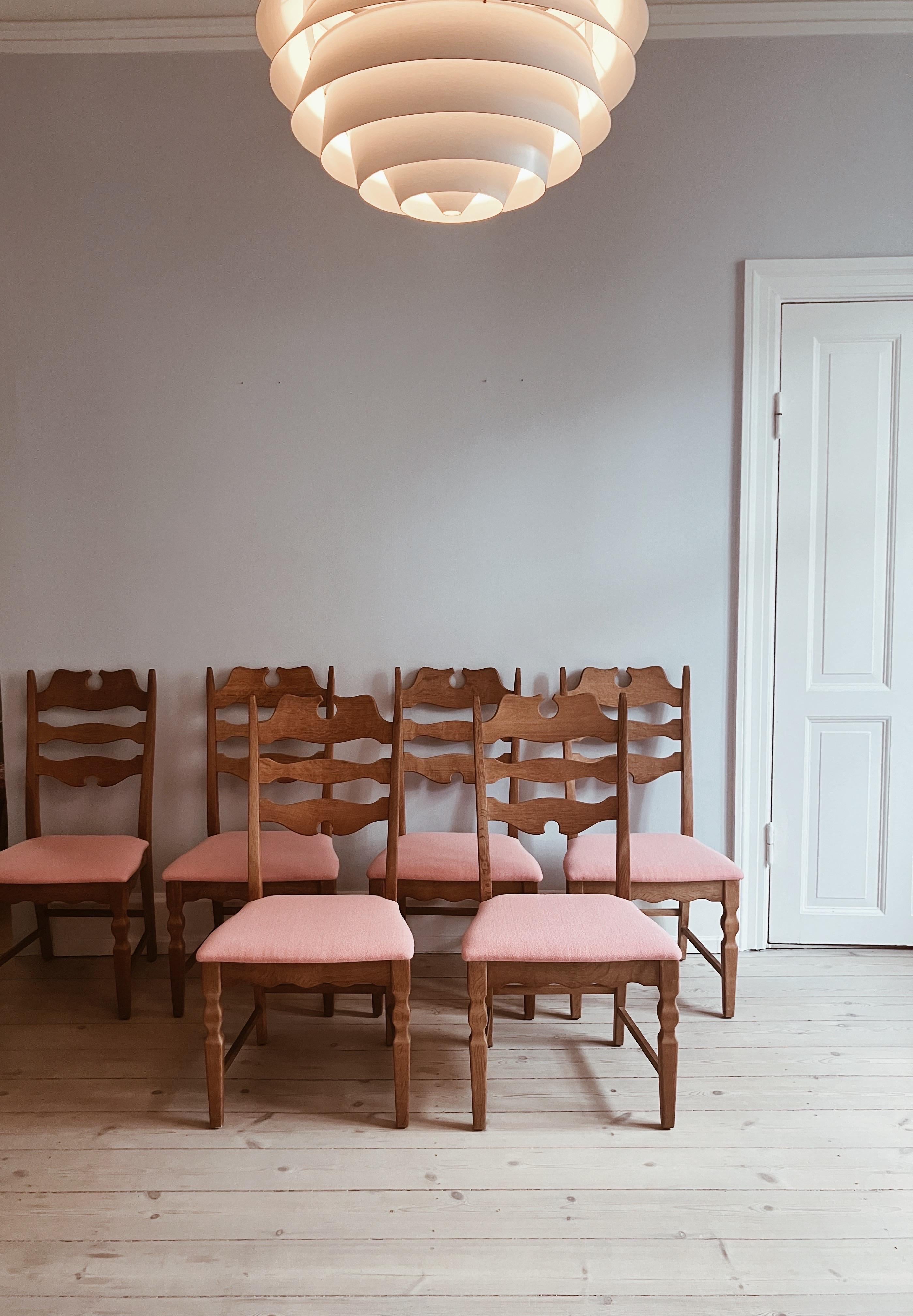 Wool Henning Kjærnulf razorblade dining chairs in oak and reupholstered seats