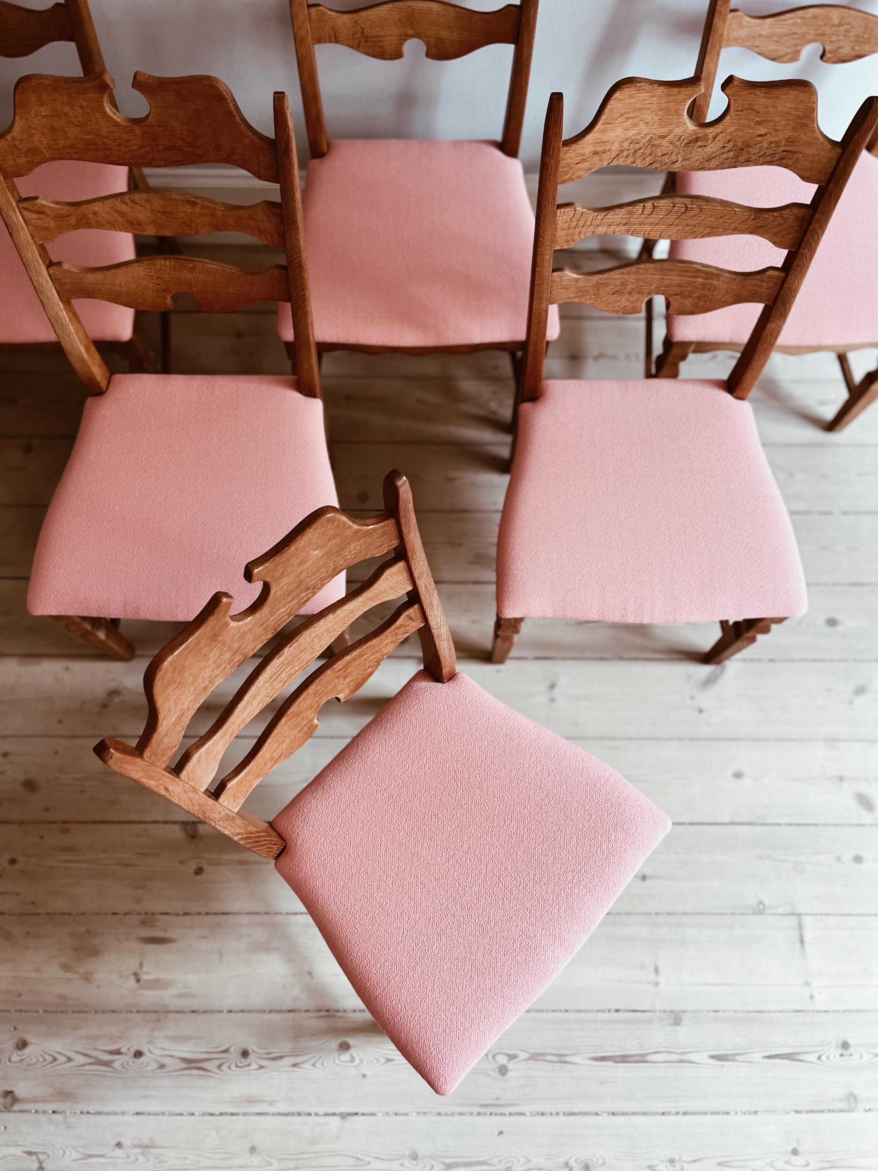 Henning Kjærnulf razorblade dining chairs in oak and reupholstered seats 2