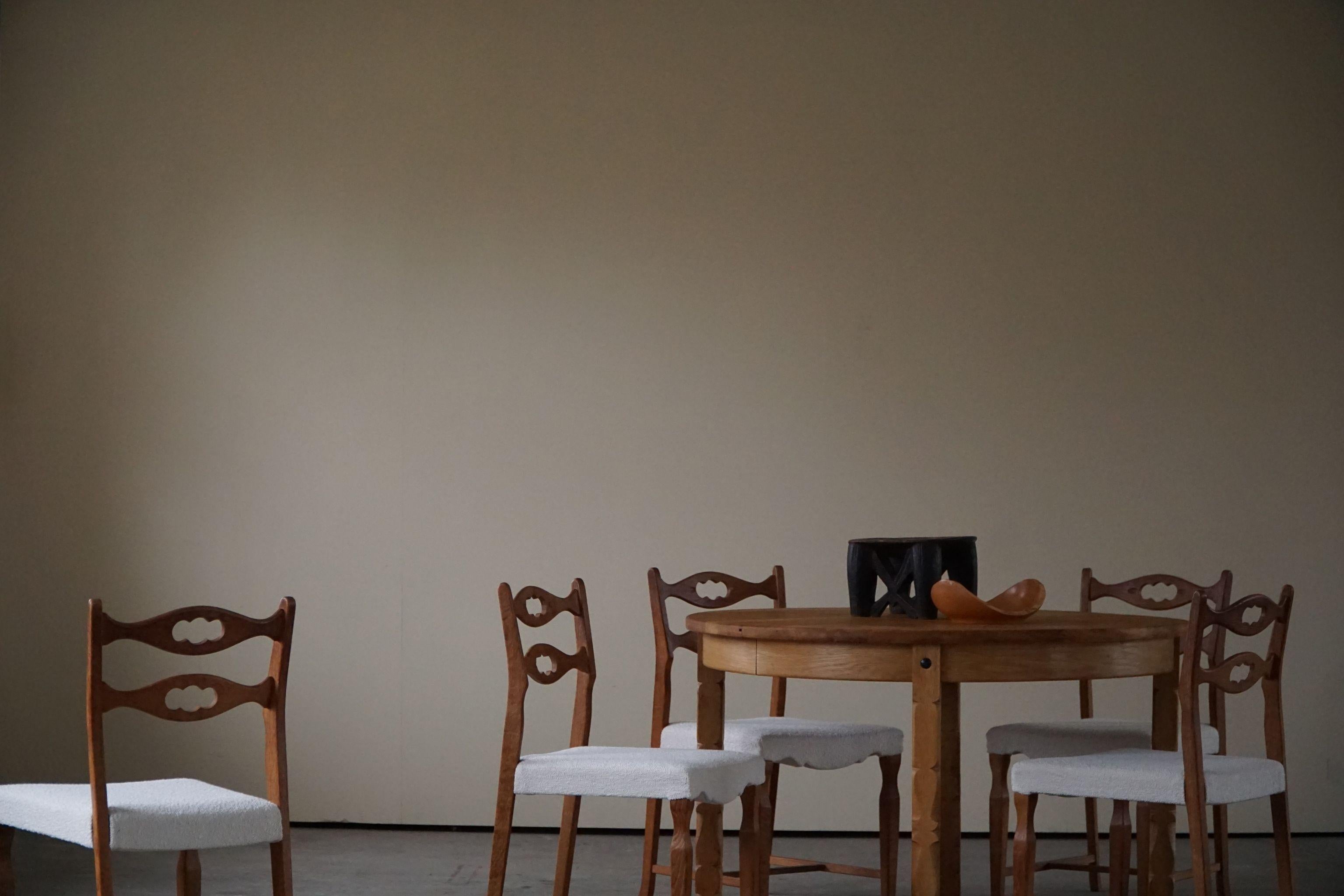 Henning Kjærnulf, Set of 6 Dining Chairs in Oak & Bouclé, Danish Modern, 1960s 7