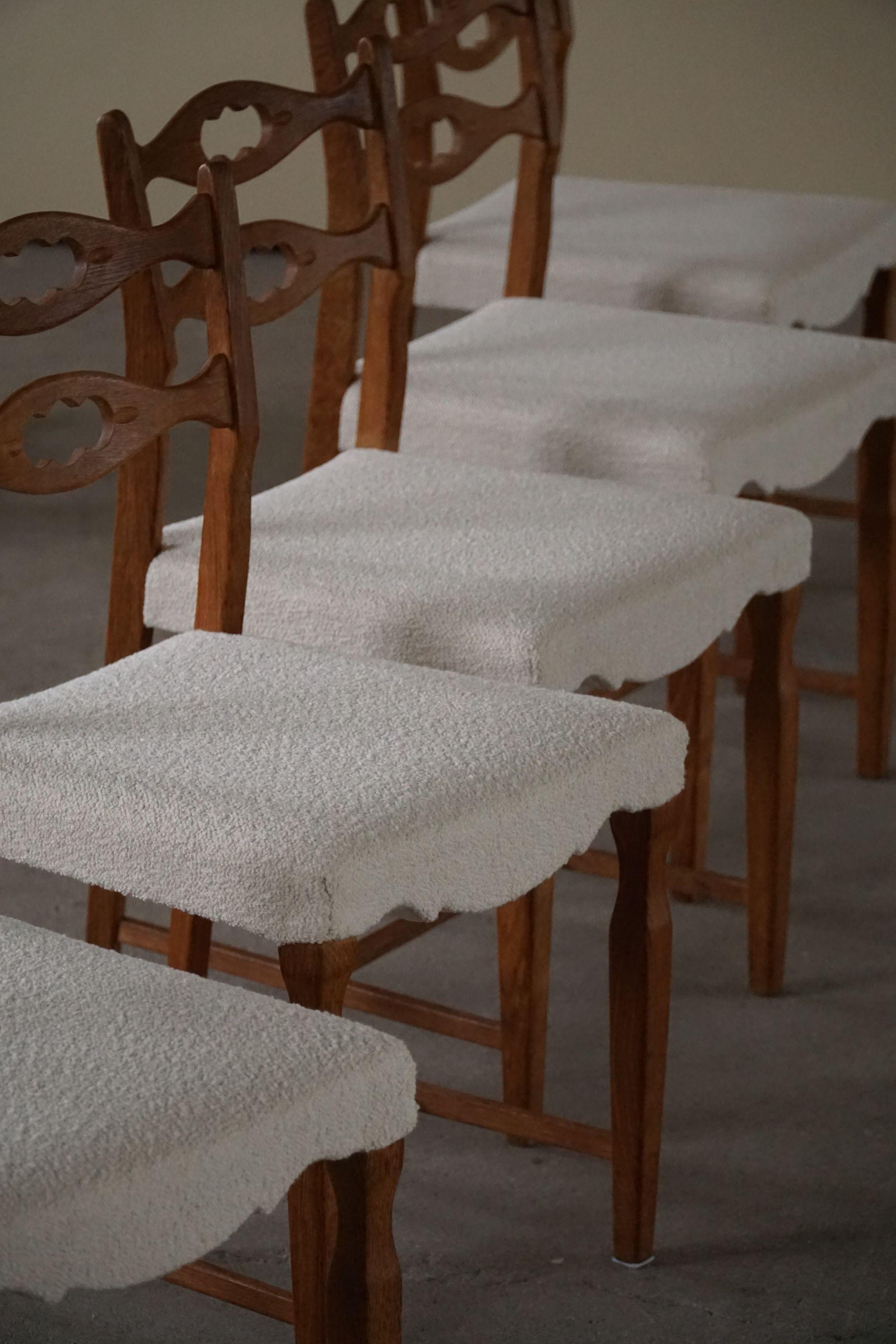 Henning Kjærnulf, Set of 6 Dining Chairs in Oak & Bouclé, Danish Modern, 1960s 8