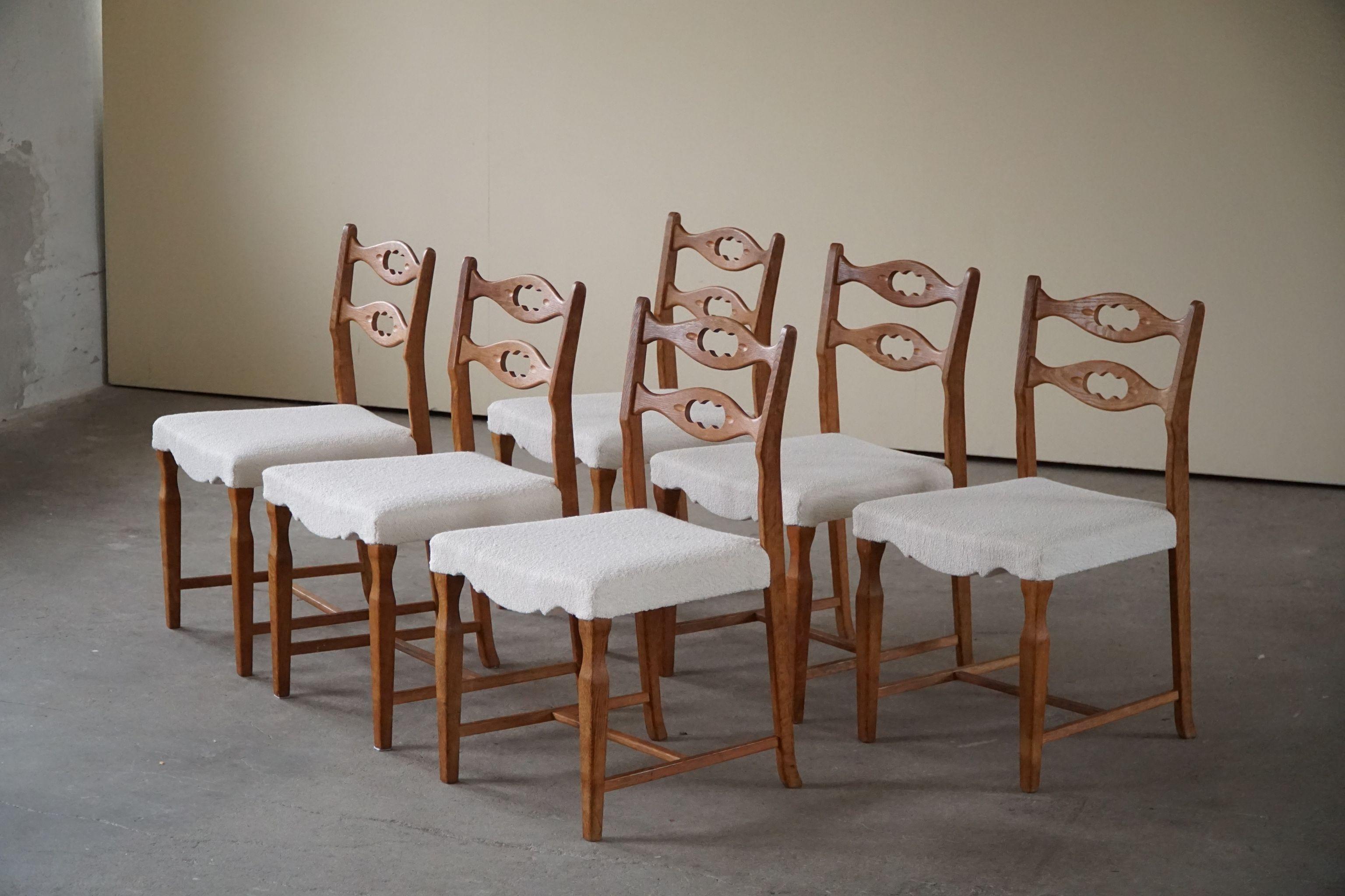 Henning Kjærnulf, Set of 6 Dining Chairs in Oak & Bouclé, Danish Modern, 1960s 9