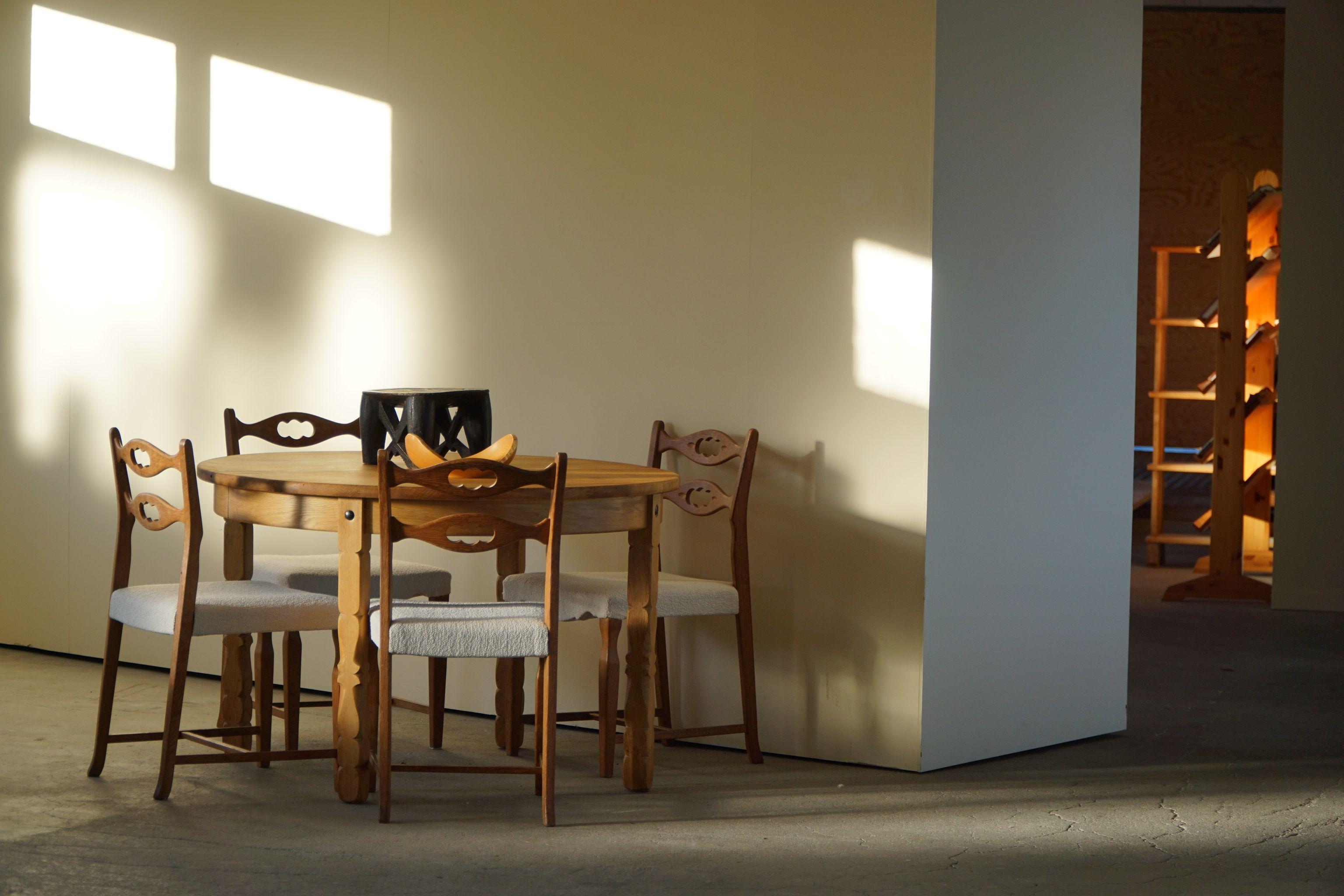 Henning Kjærnulf, Set of 6 Dining Chairs in Oak & Bouclé, Danish Modern, 1960s 11