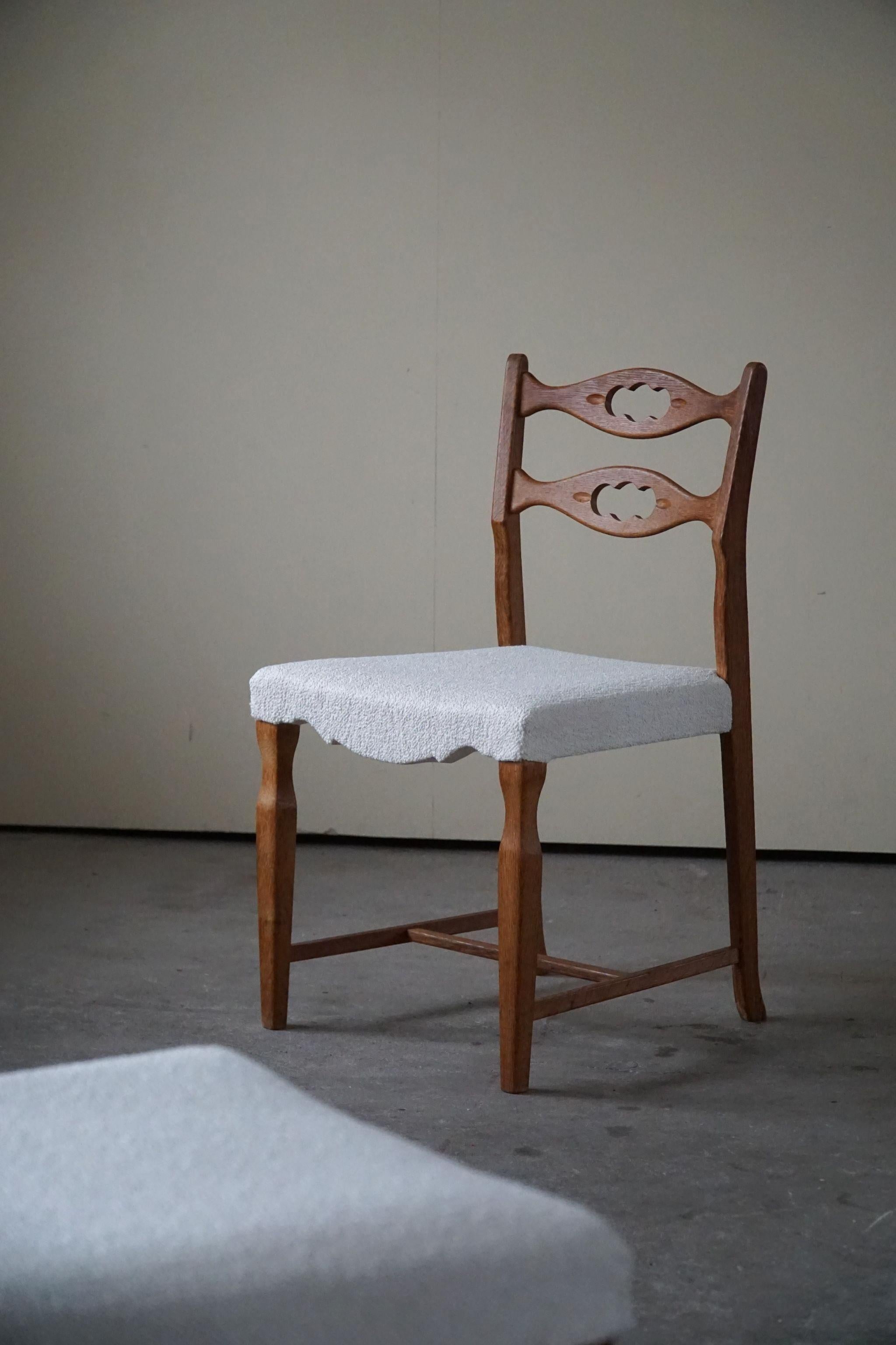 Baroque Henning Kjærnulf, Set of 6 Dining Chairs in Oak & Bouclé, Danish Modern, 1960s