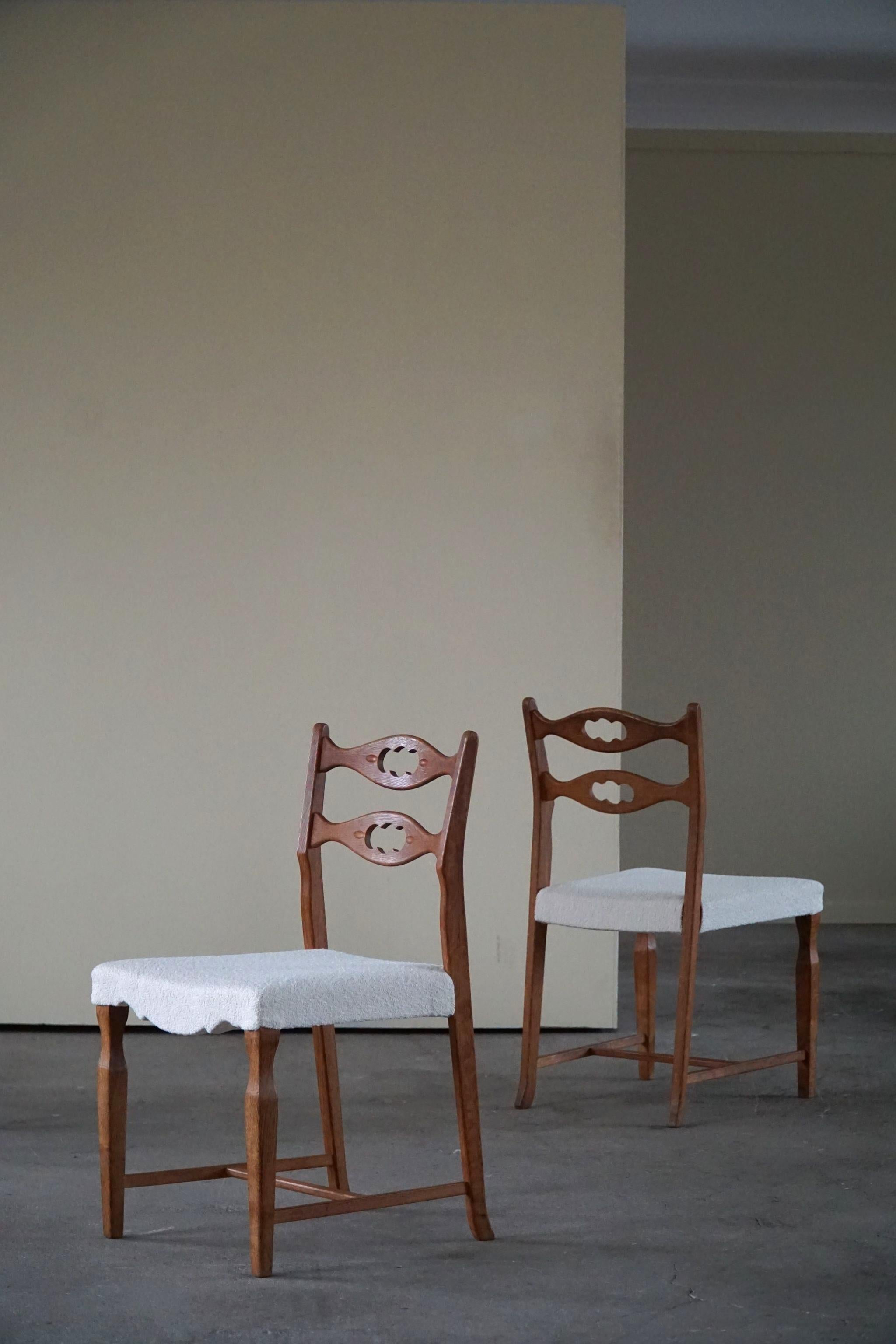 20th Century Henning Kjærnulf, Set of 6 Dining Chairs in Oak & Bouclé, Danish Modern, 1960s