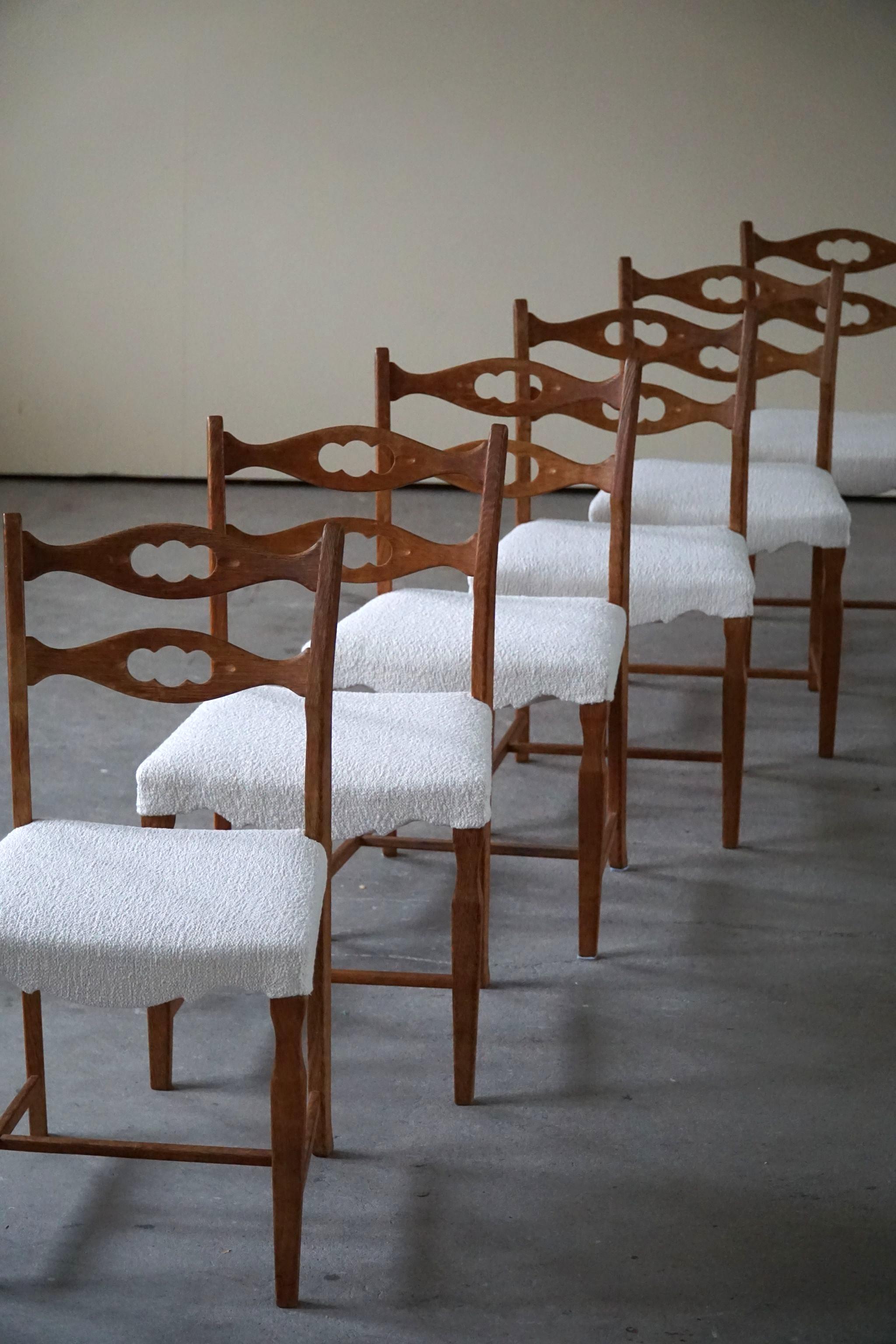 Henning Kjærnulf, Set of 6 Dining Chairs in Oak & Bouclé, Danish Modern, 1960s 1