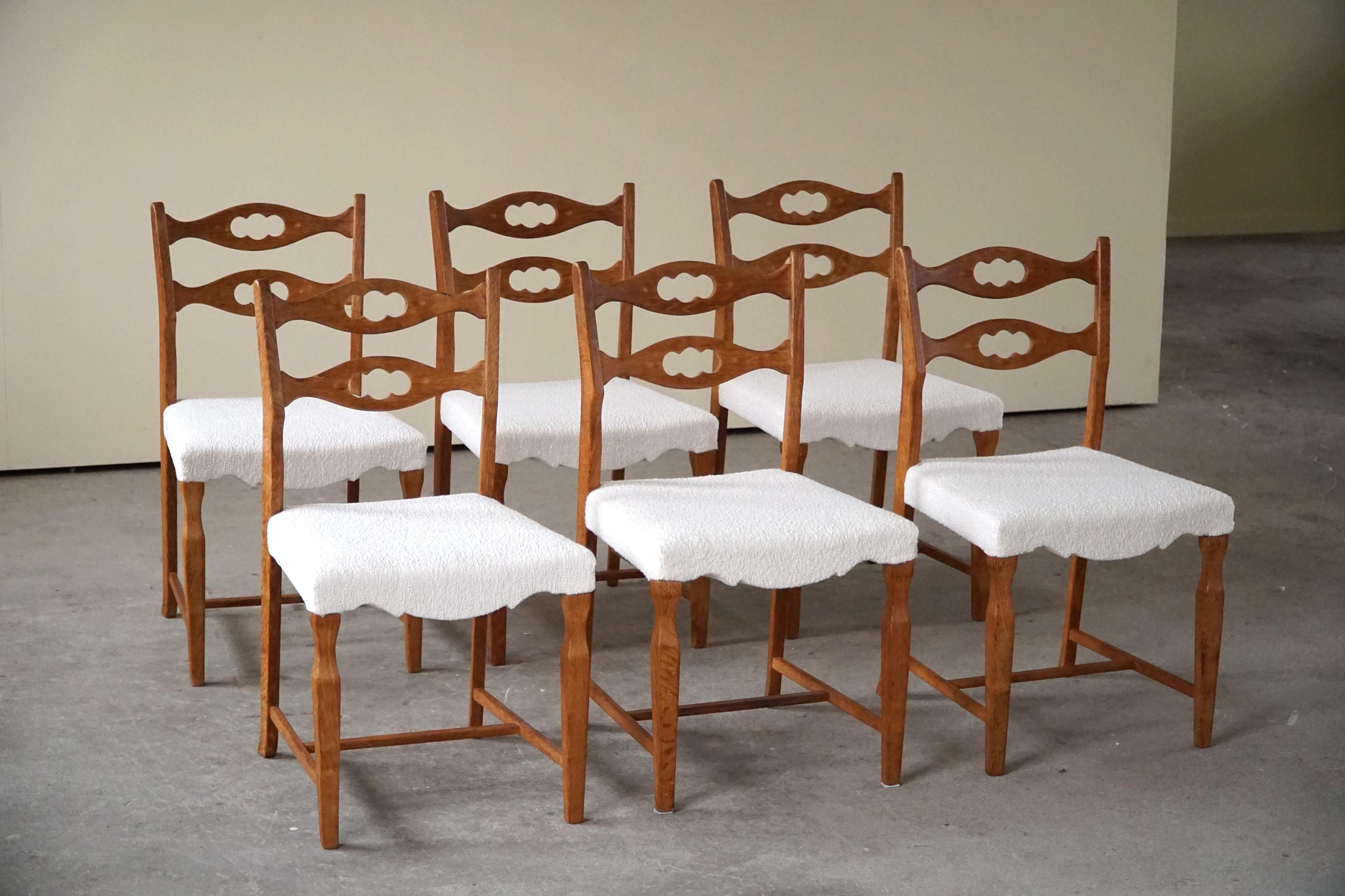 Henning Kjærnulf, Set of 6 Dining Chairs in Oak & Bouclé, Danish Modern, 1960s 2