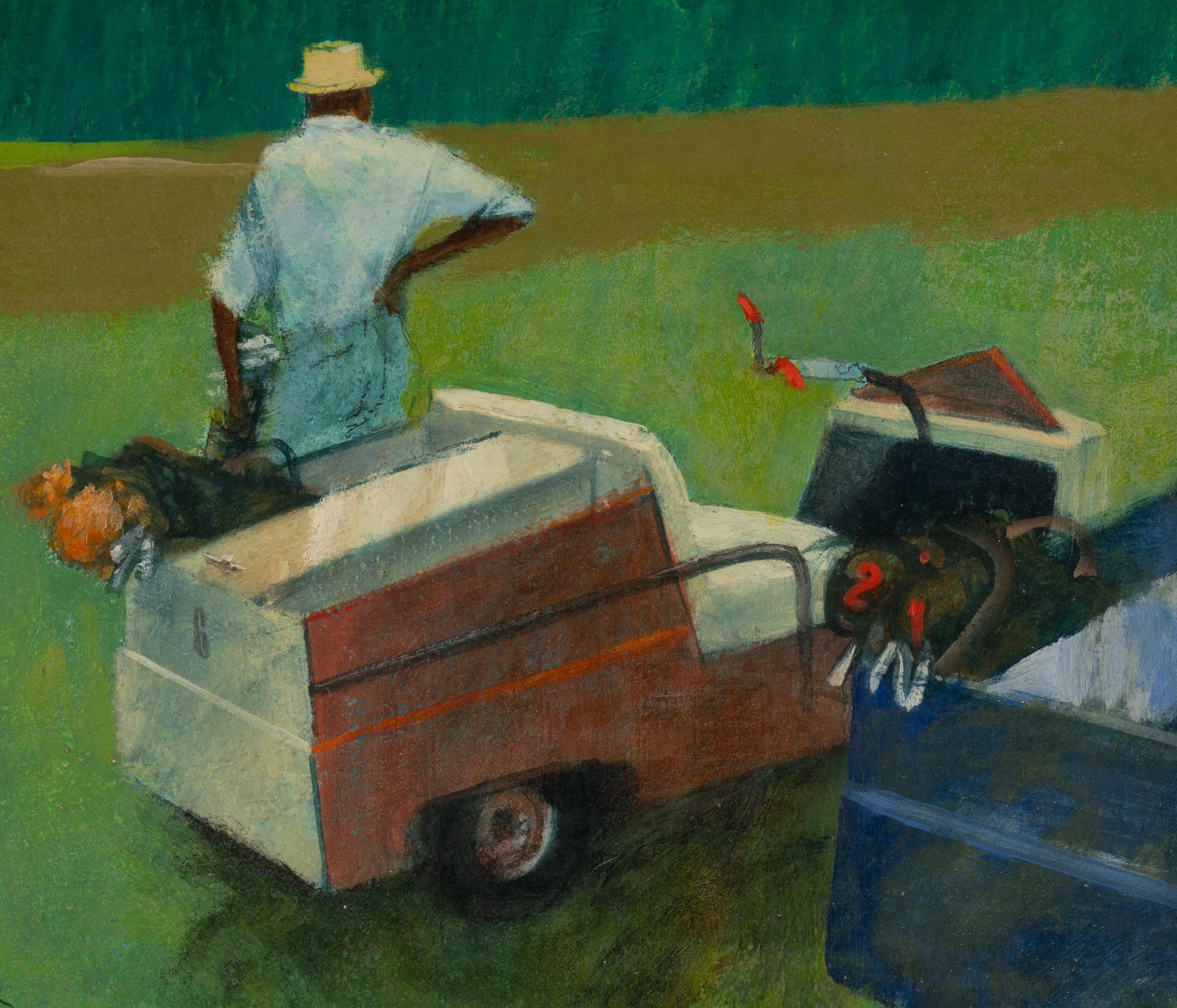 Henry Köhler
Amerikaner, 1927-2018
Caddy mit Golfwagen

Öl auf Karton
9 x 12 Zoll, mit Rahmen 15 ½ x 18 ½ Zoll
Signiert unten links, datiert 1962 verso

Henry Koehler war ein amerikanischer Künstler, der am 22. August 1927 in New York City geboren