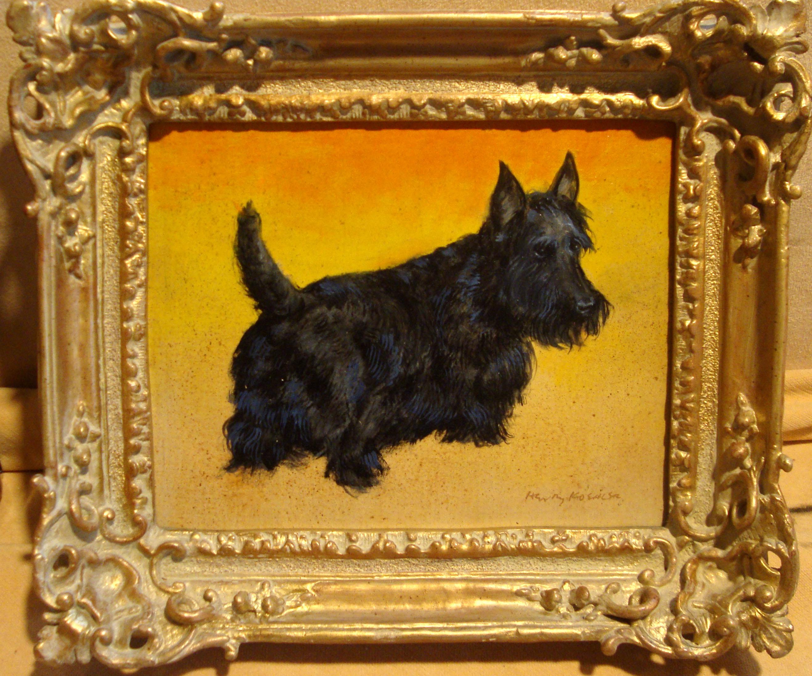 Pequeña Pintura de un Distinguido Terrier Escocés sobre Fondo Amarillo Vivo - Painting de Henry Koehler