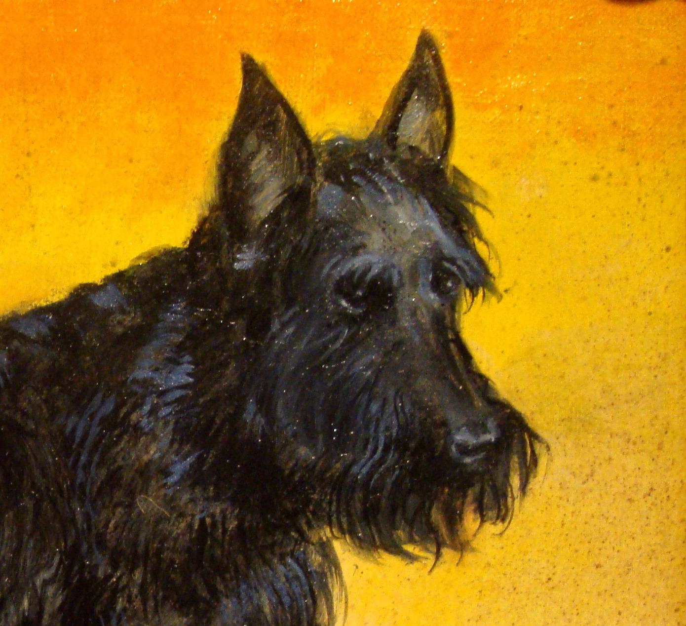 Pequeña Pintura de un Distinguido Terrier Escocés sobre Fondo Amarillo Vivo - Painting Realista de Henry Koehler