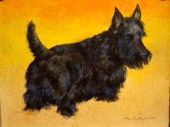 Petite Dog che dipinge un distinto Terrier scozzese su sfondo giallo vivo