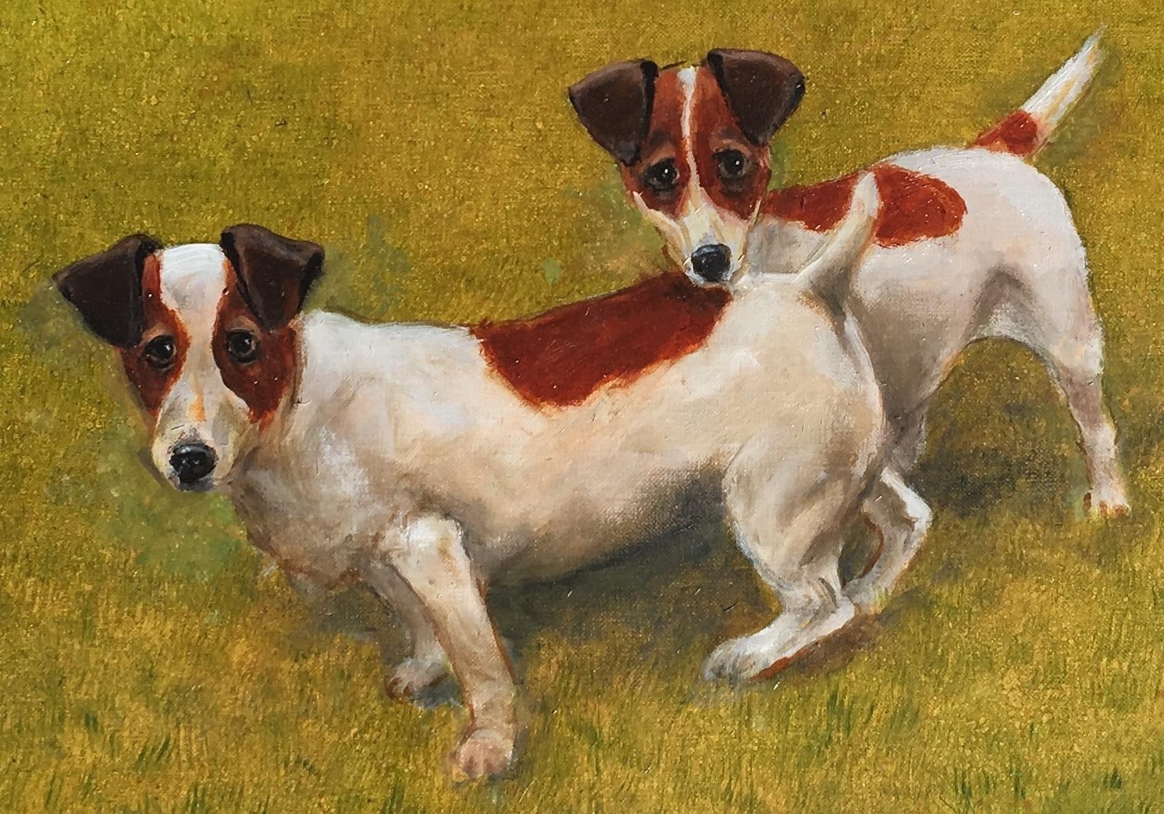 Piccolo olio di madre e figlio, Jack Russell Terrier, su una rigogliosa erba verde - Painting di Henry Koehler