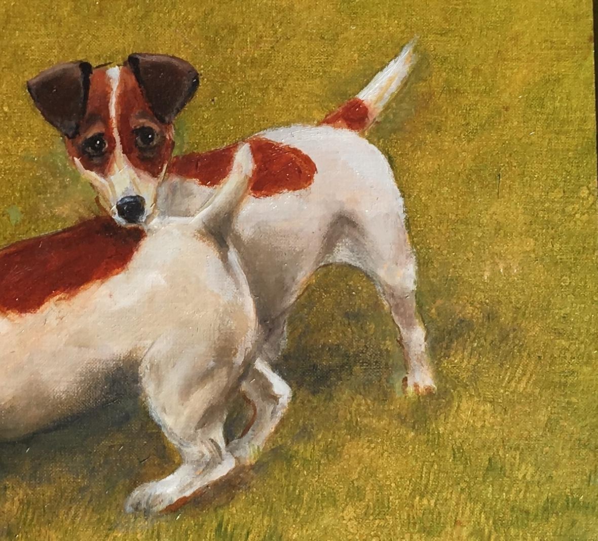 Piccolo olio di madre e figlio, Jack Russell Terrier, su una rigogliosa erba verde - Painting Realismo di Henry Koehler