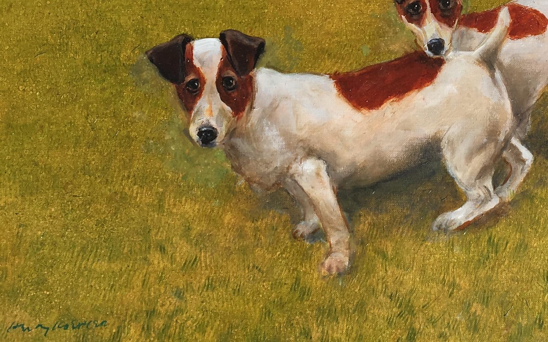 Piccolo olio di madre e figlio, Jack Russell Terrier, su una rigogliosa erba verde - Portrait Painting Marrone di Henry Koehler