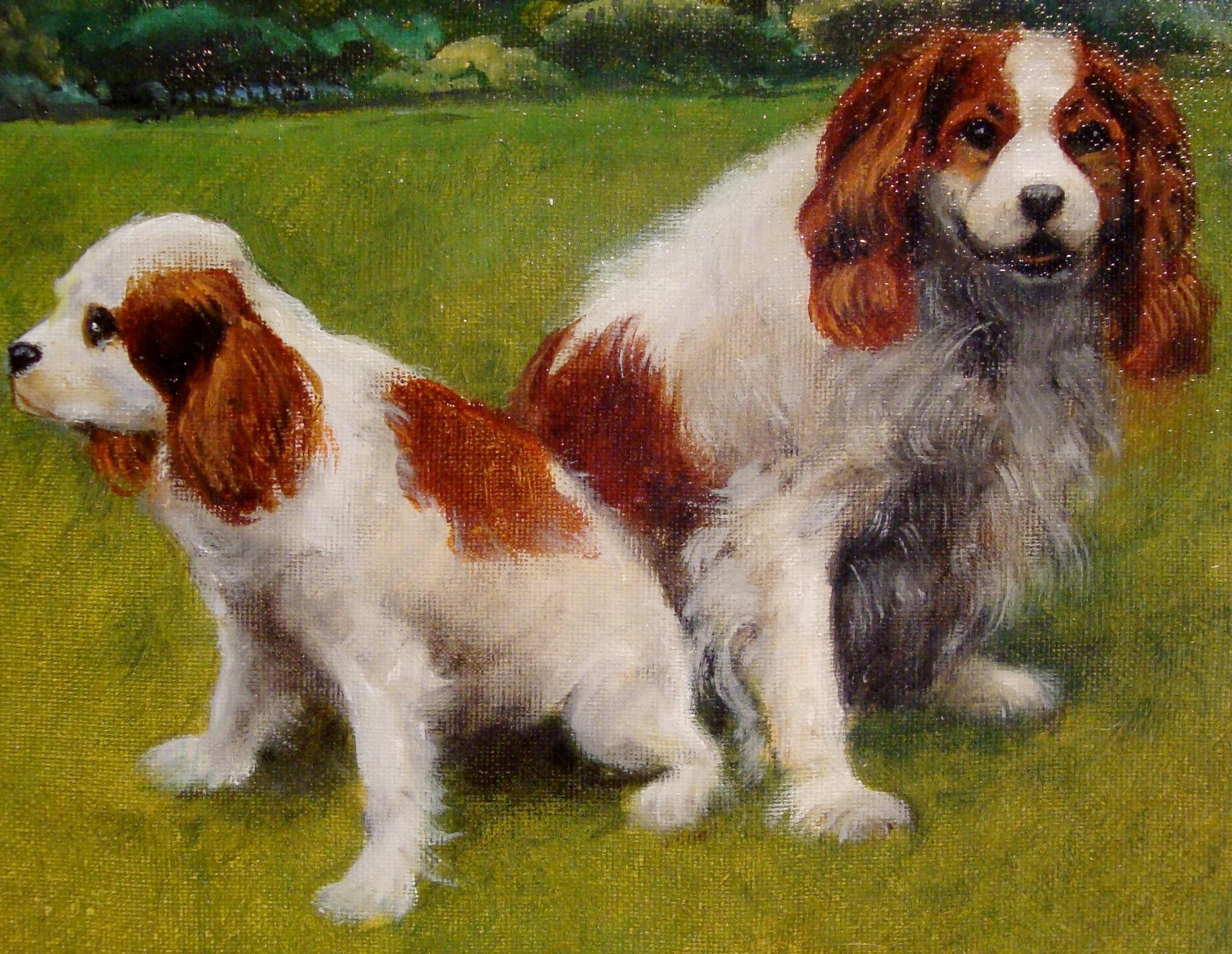 Kleines Ölgemälde von zwei Cavalier King Charles, Basking in the Sun auf üppigem grünem Gras – Painting von Henry Koehler