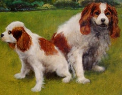 Small Oil of Two Cavalier King Charles Basking in the Sun on Lush Green Grass