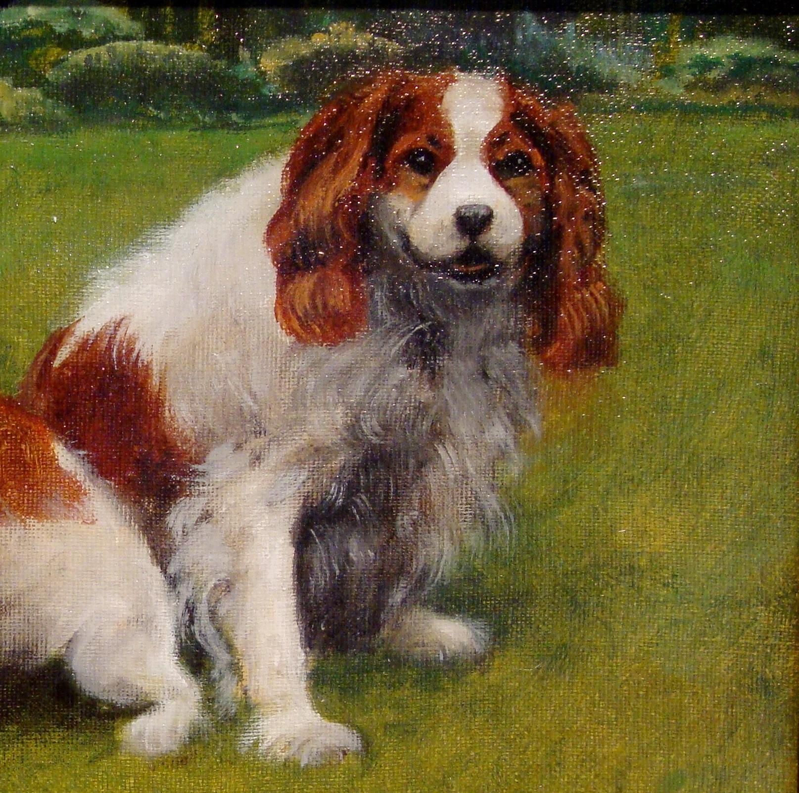 Kleines Ölgemälde von zwei Cavalier King Charles, Basking in the Sun auf üppigem grünem Gras (Realismus), Painting, von Henry Koehler