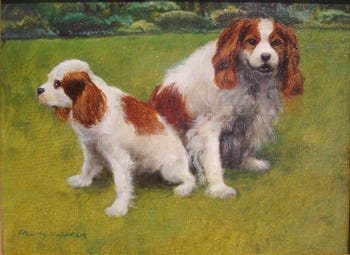 Small Oil of Two Cavalier King Charles Basking in the Sun on Lush Green Grass, ca. 2010, by Henry Koehler