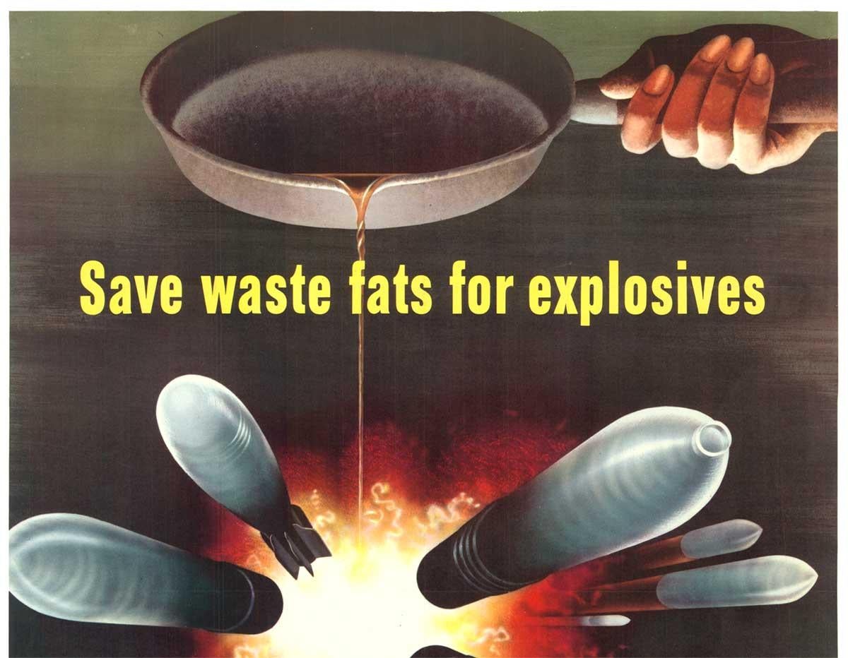 Affiche vintage originale « Save Waste Fats for Explosives »  1943 - Print de Henry Koerner 