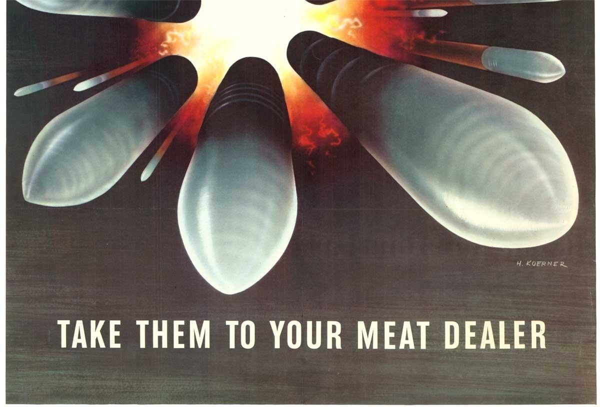 Vintage-Poster „Save Waste Fats for Explosives“, Vintage  1943 (Amerikanische Moderne), Print, von Henry Koerner 