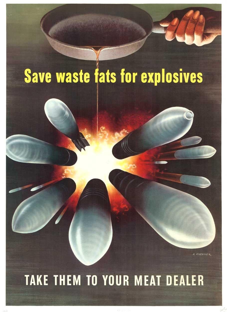 Print Henry Koerner  - Affiche vintage originale « Save Waste Fats for Explosives »  1943