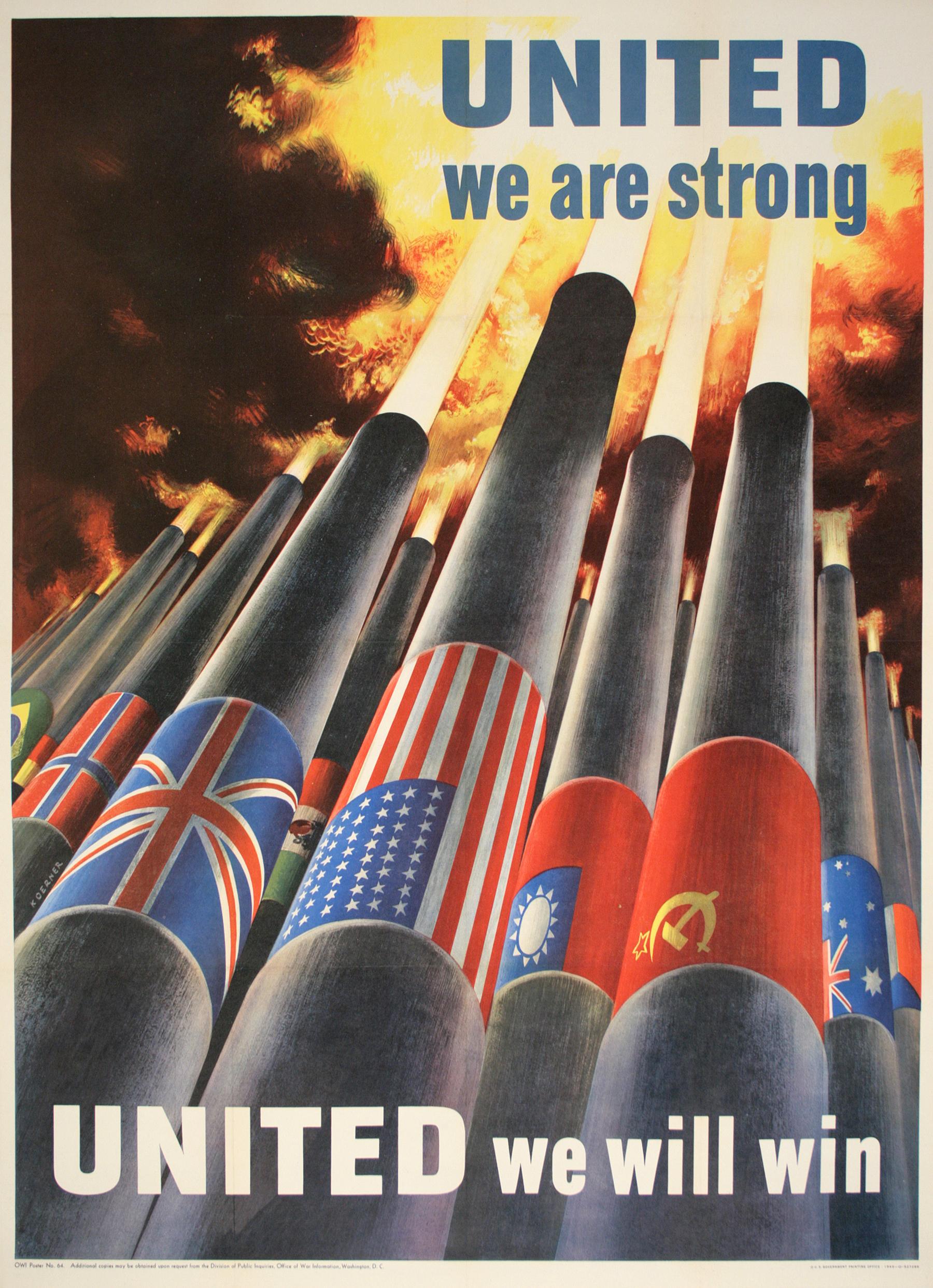 This World War ll poster supports the unity of nations and arms of the allied forces combatting the German and Italian armies. The imagery depicts the unified cannons exploding with their targets within the Axis area of control. It is a poster to