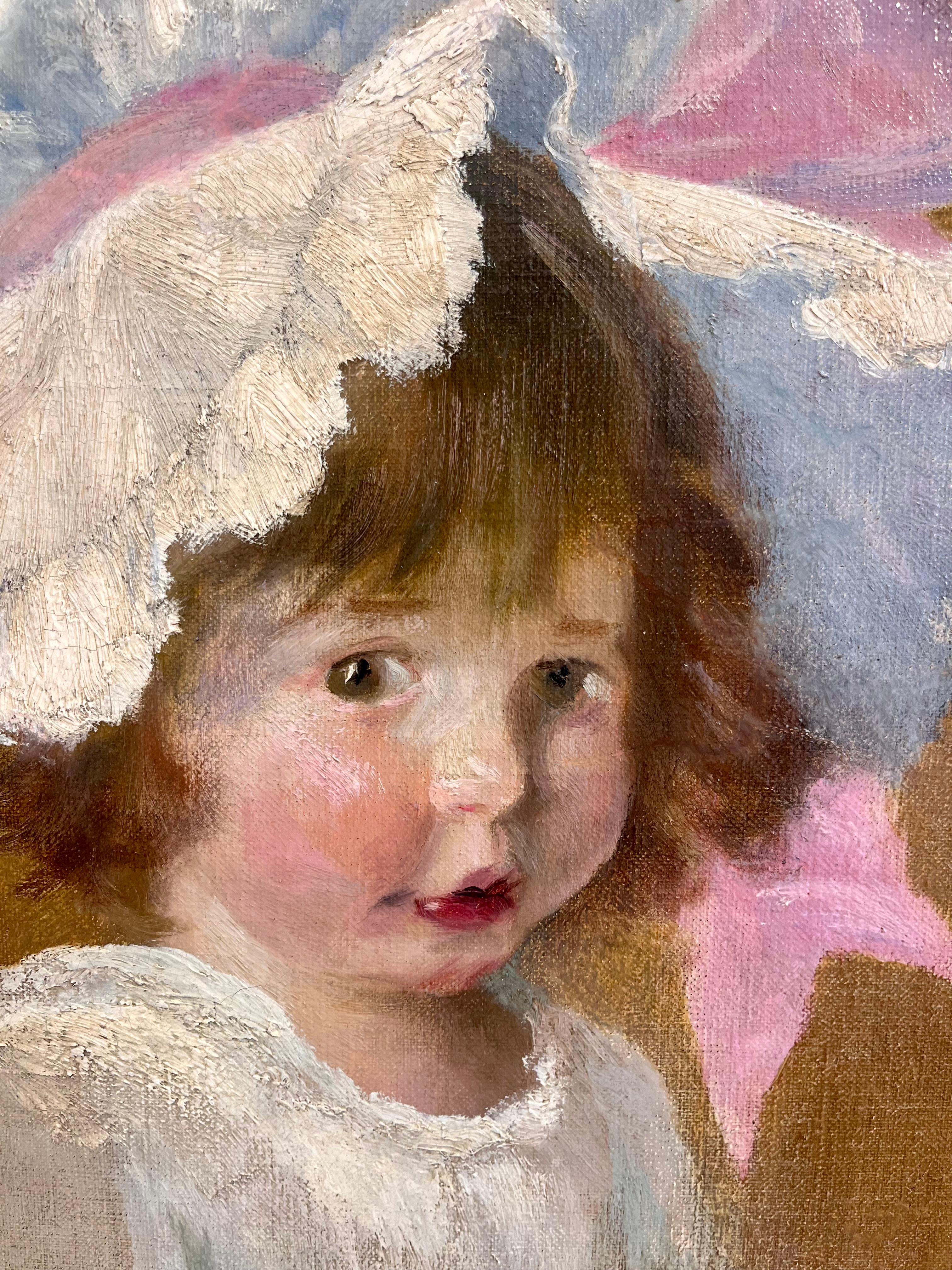 Studie Porträt eines kleinen Mädchens mit großer rosa Schleife (Impressionismus), Painting, von Henry LaFant
