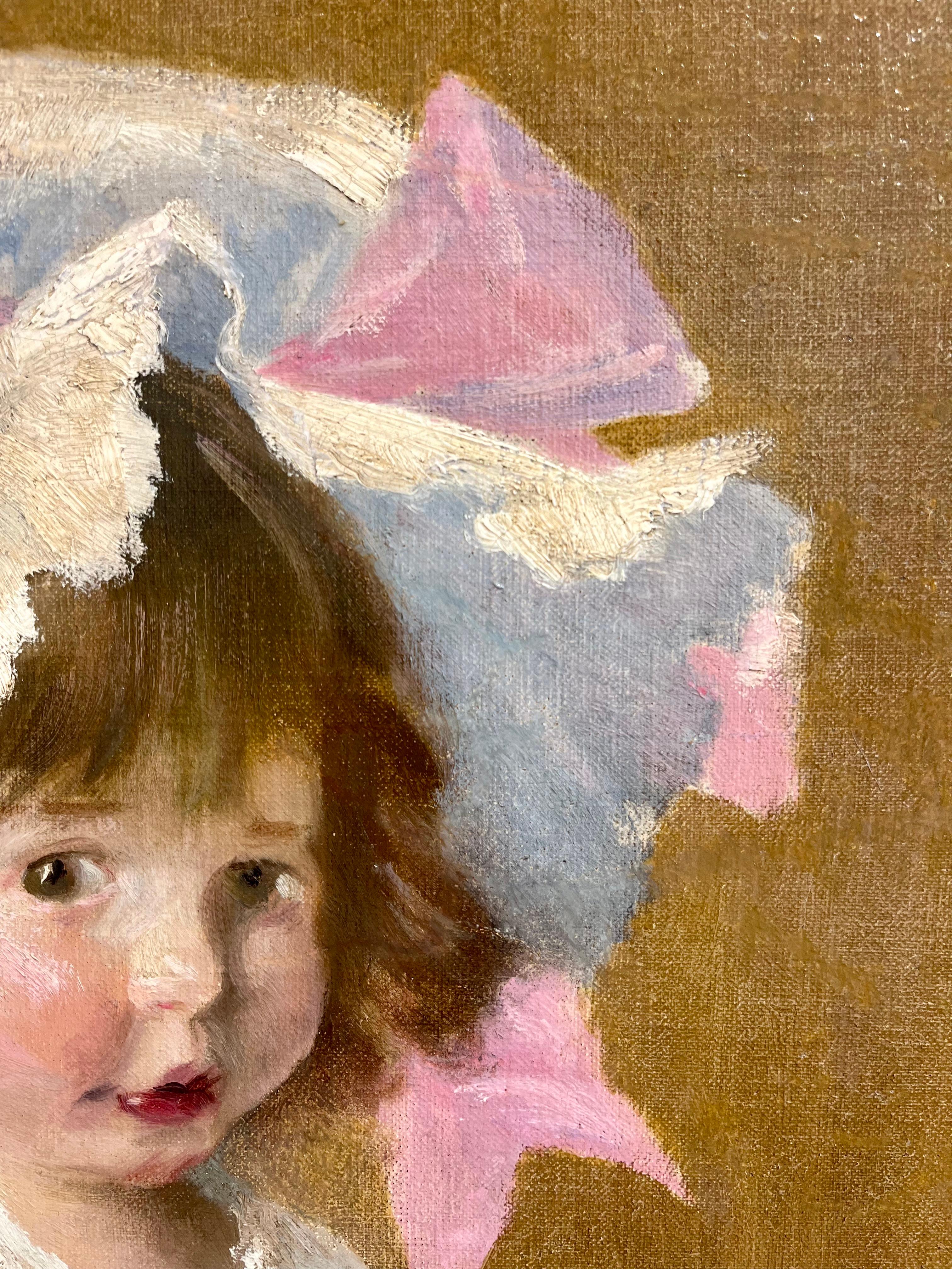 Studie Porträt eines kleinen Mädchens mit großer rosa Schleife (Braun), Portrait Painting, von Henry LaFant