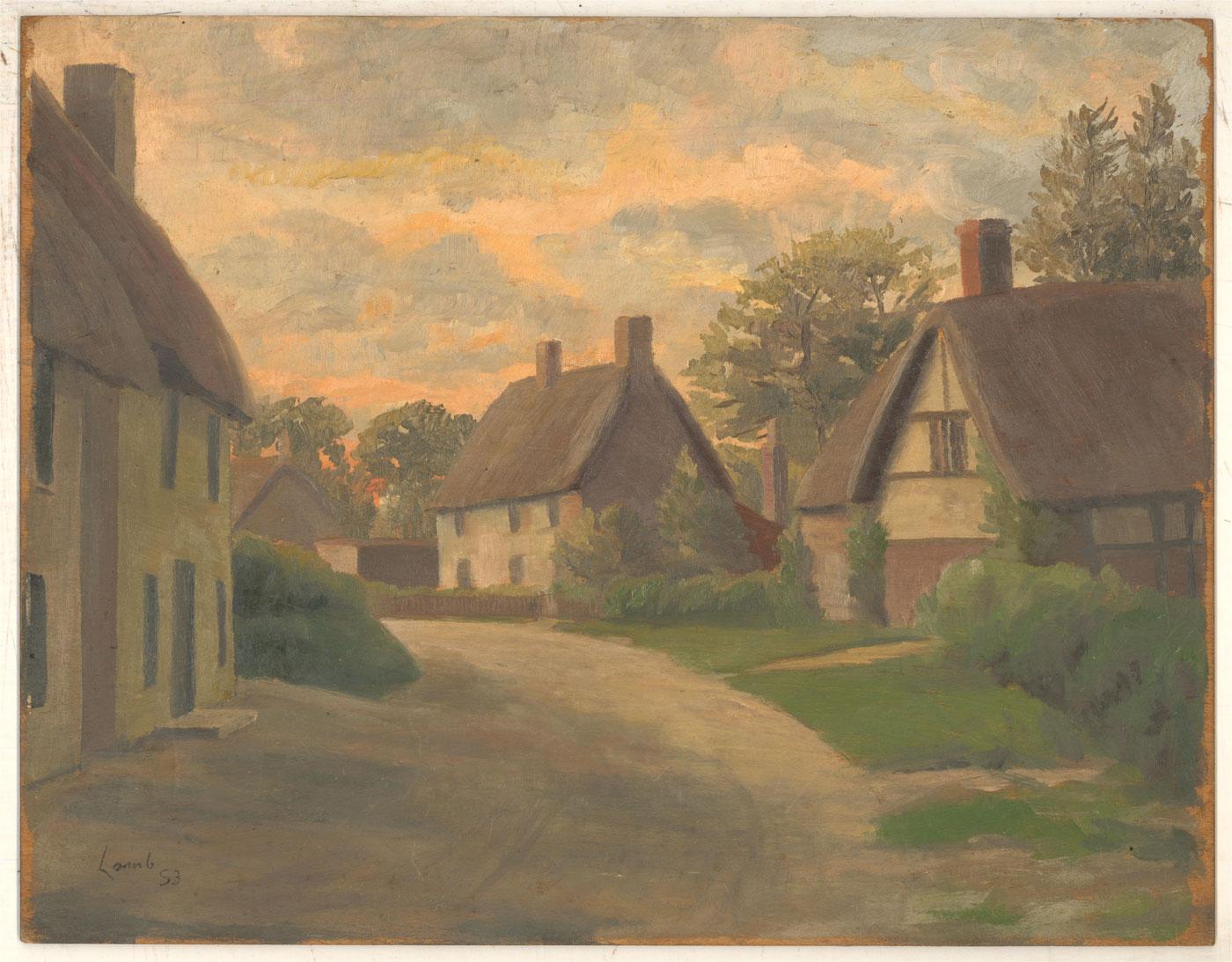 A truly idyllic rural scene in oil, showing a curving road with pretty thatched cottages either side under a blushing sunset. The painting is by the renowned British painter, Henry Lamb, an associate of the Bloomsbury Group. The painting captures