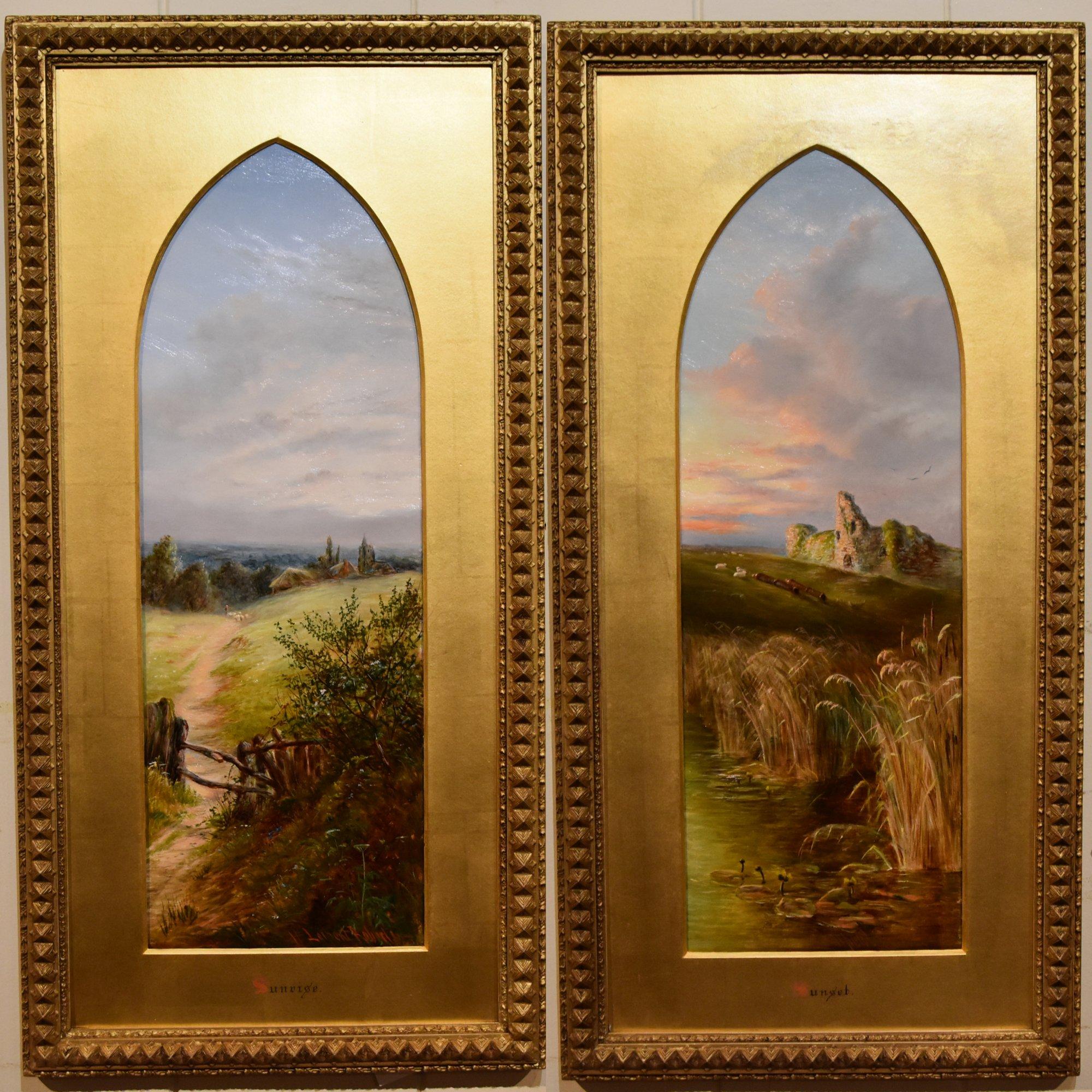 Oil Painting Pair by Henry Larpent Roberts "Sunrise and Sunset" 1830 - 1890painter of pre-Raphaelite style flower studies and landscapes often with arch tops. He exhibited at the Royal Academy and RBA. Both Oil on board. Signed and original