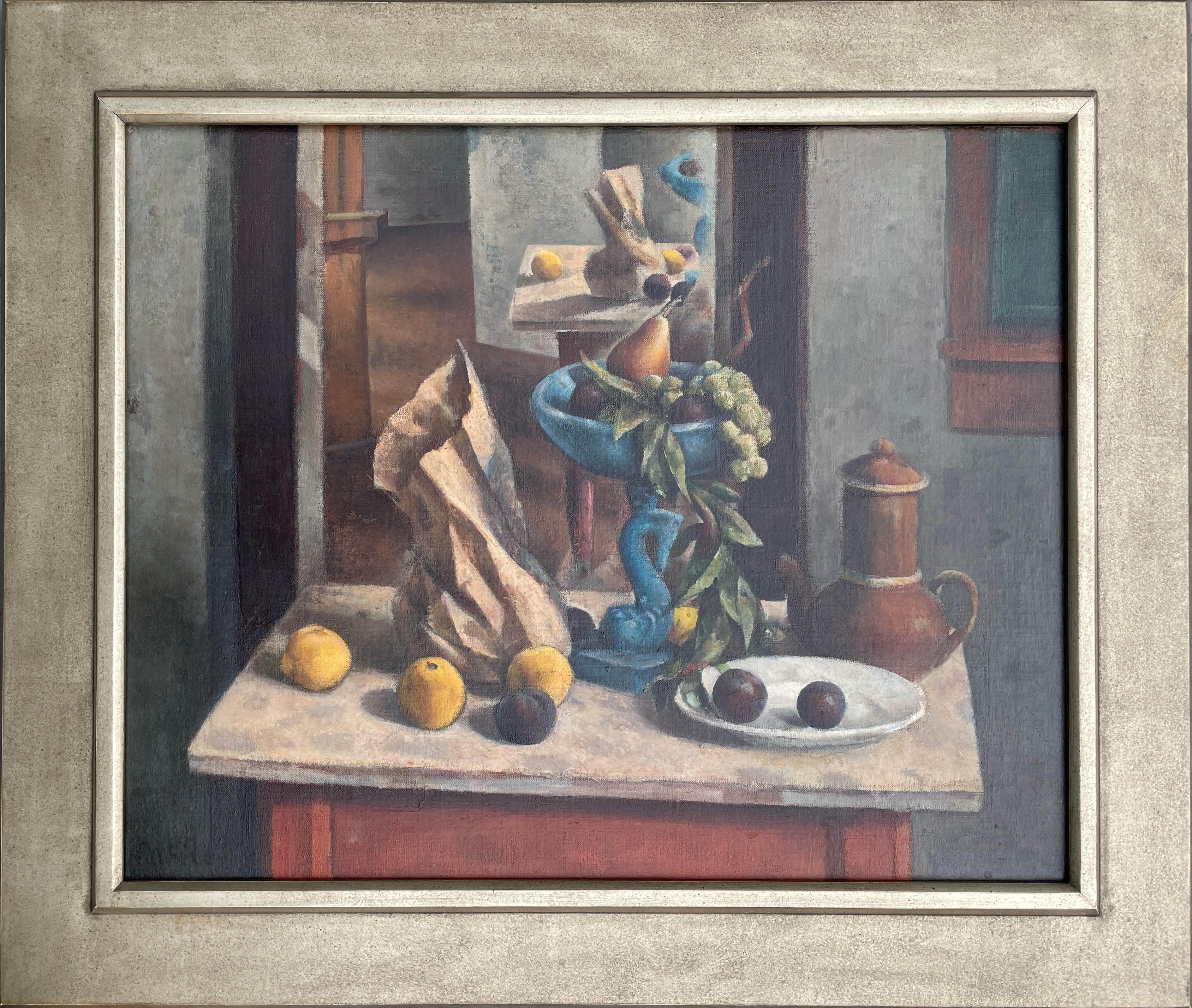 Exceptionnelle nature morte moderniste de Henry Lee McFee. 

Le compotier bleu (1930-31)
Huile sur toile
24" x 30"
33" x 39" x 2 ¼" encadré
Signé "McFee" en bas à gauche

Provenance : Don de l'artiste au voisin Mrs. Clarence E. Oliver,