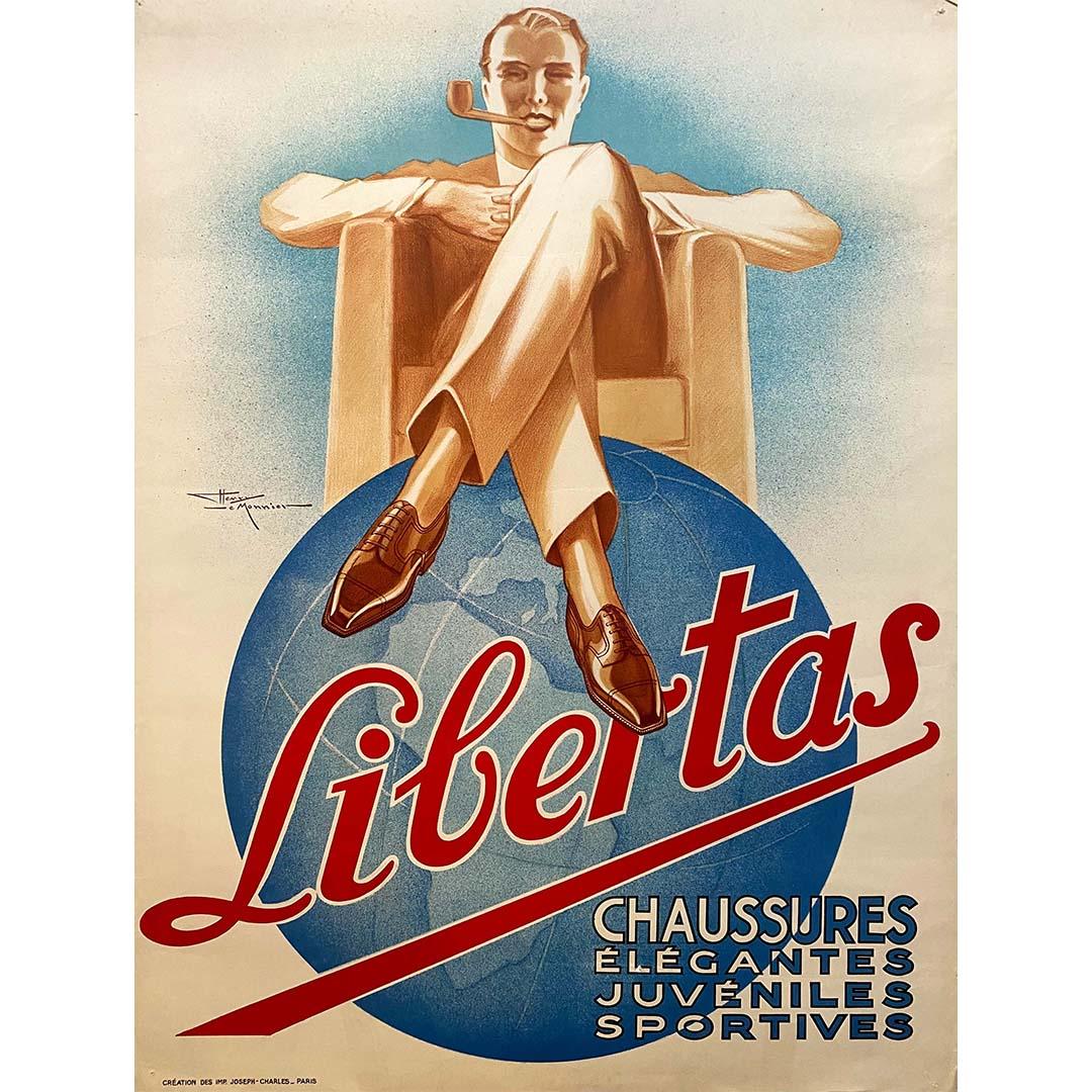 Schönes Werbeplakat im Art-déco-Stil von Henry Lemonnier für Libertas-Schuhe.
Henry Le Monnier wurde am 7. März 1893 in Paris geboren und besuchte die Arts Décorarifs in Paris, bevor er 1920 begann, in Fantasia zu veröffentlichen. Im Jahr 1923 wurde