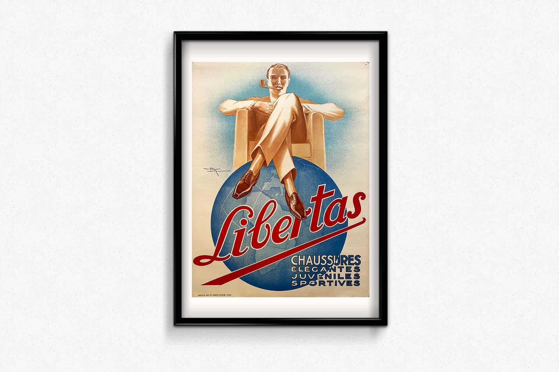 Beautiful Art Deco style advertising poster by Henry Lemonnier for Libertas shoes.
Born in Paris on March 7, 1893, Henry Le Monnier attended the Arts Décorarifs in Paris, before starting to publish in 1920 in Fantasia. In 1923, he became a poster