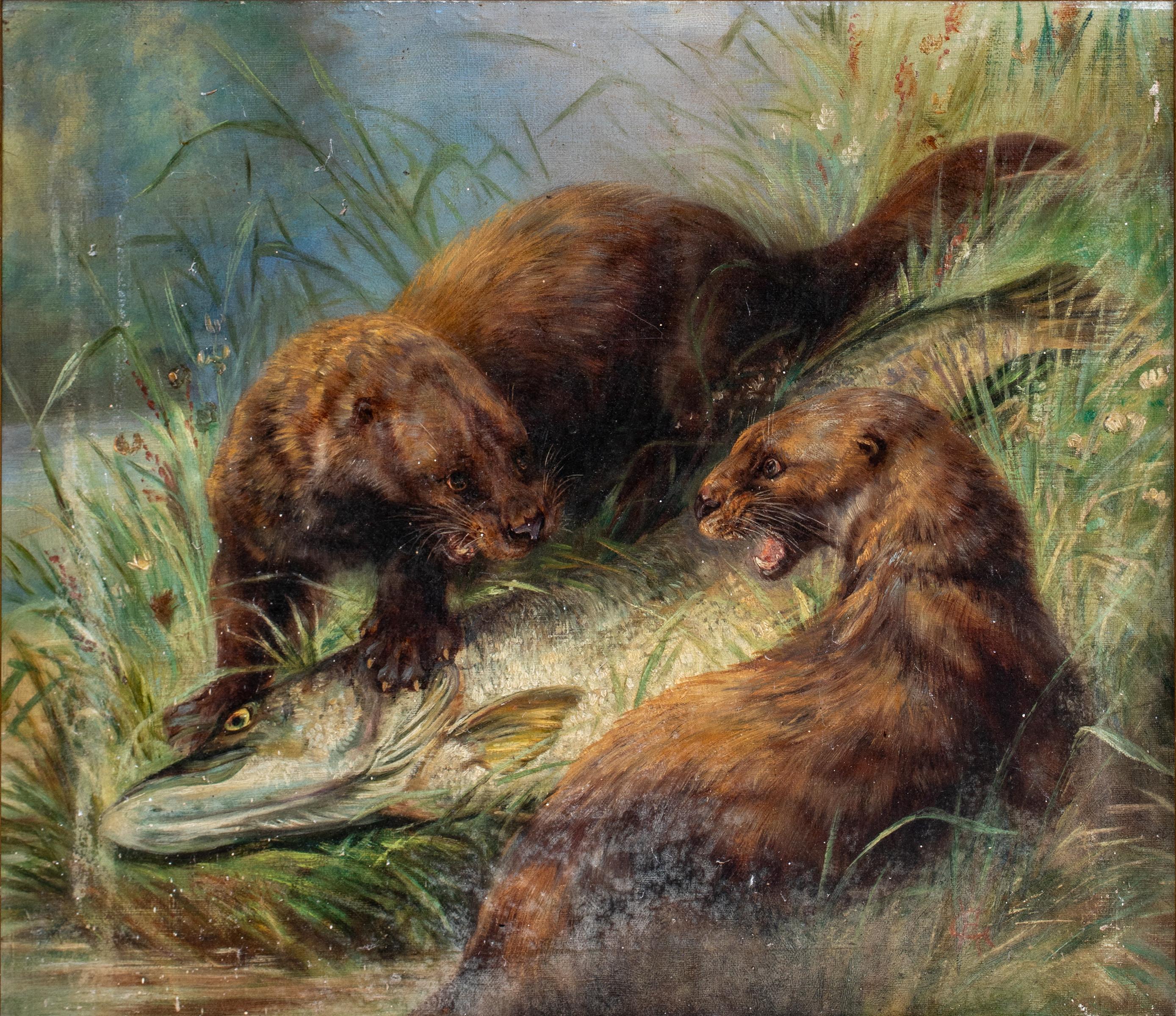 Otters Fighting Over A Pike, 19th Century  attributed to Henry Leonidas ROLFE  - Brown Animal Painting by Henry Leonides Rolfe