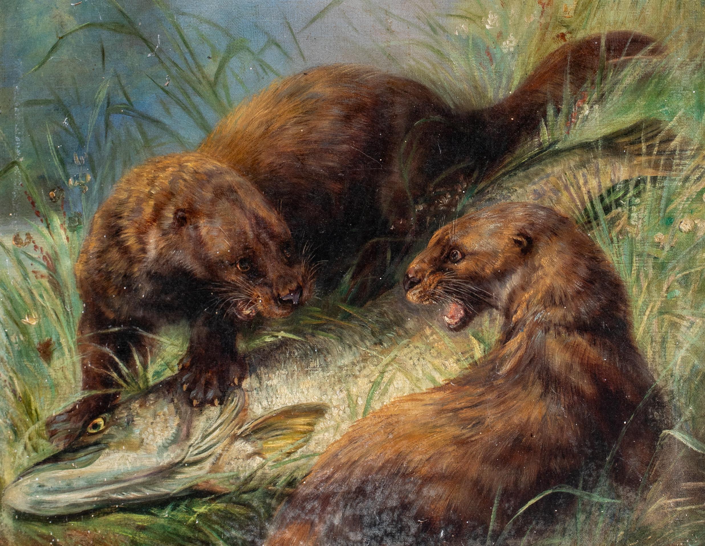 Otters Fighting Over A Pike, 19th Century  attributed to Henry Leonidas ROLFE  For Sale 1