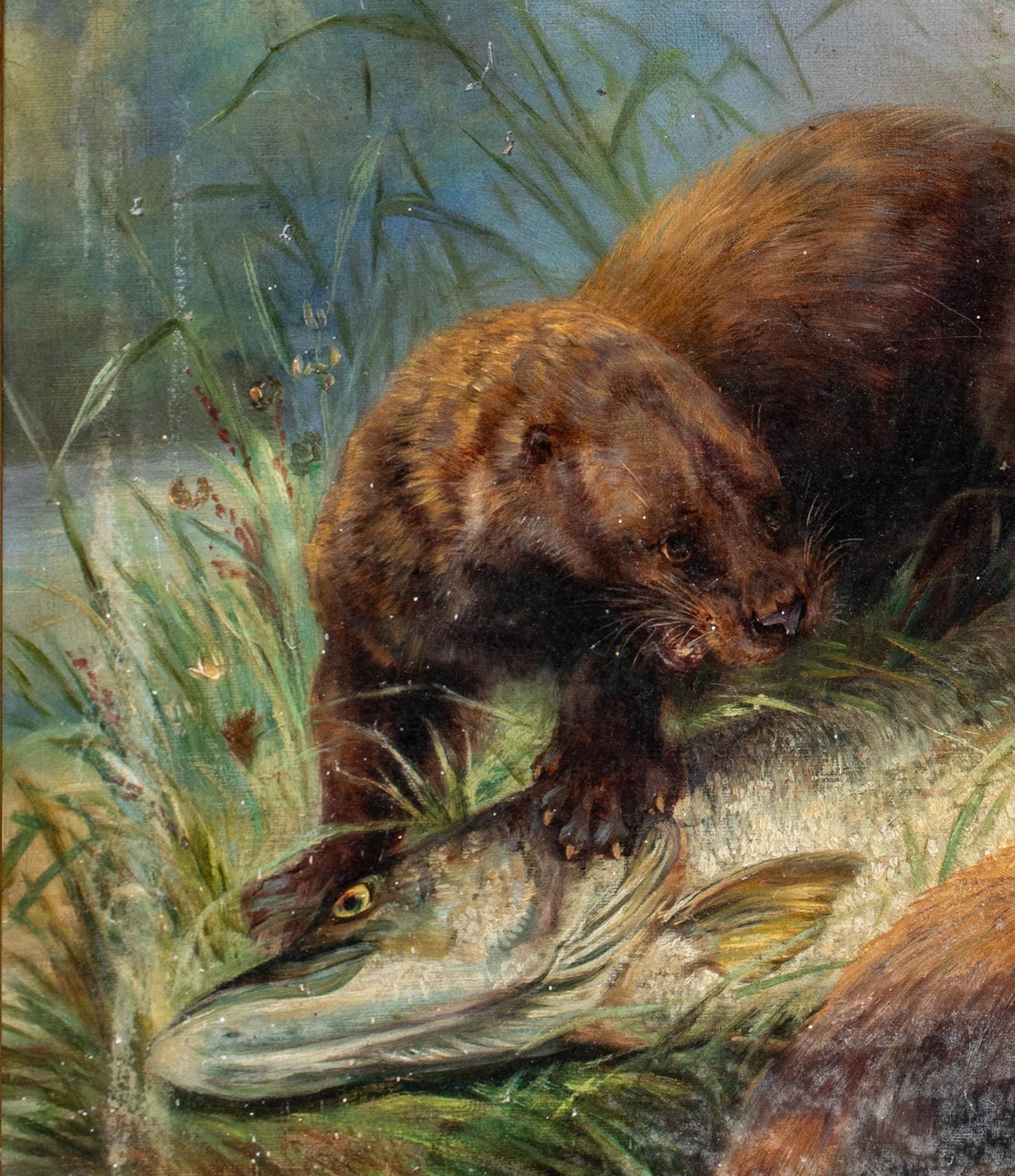 Otters Fighting Over A Pike, 19th Century  attributed to Henry Leonidas ROLFE  For Sale 2