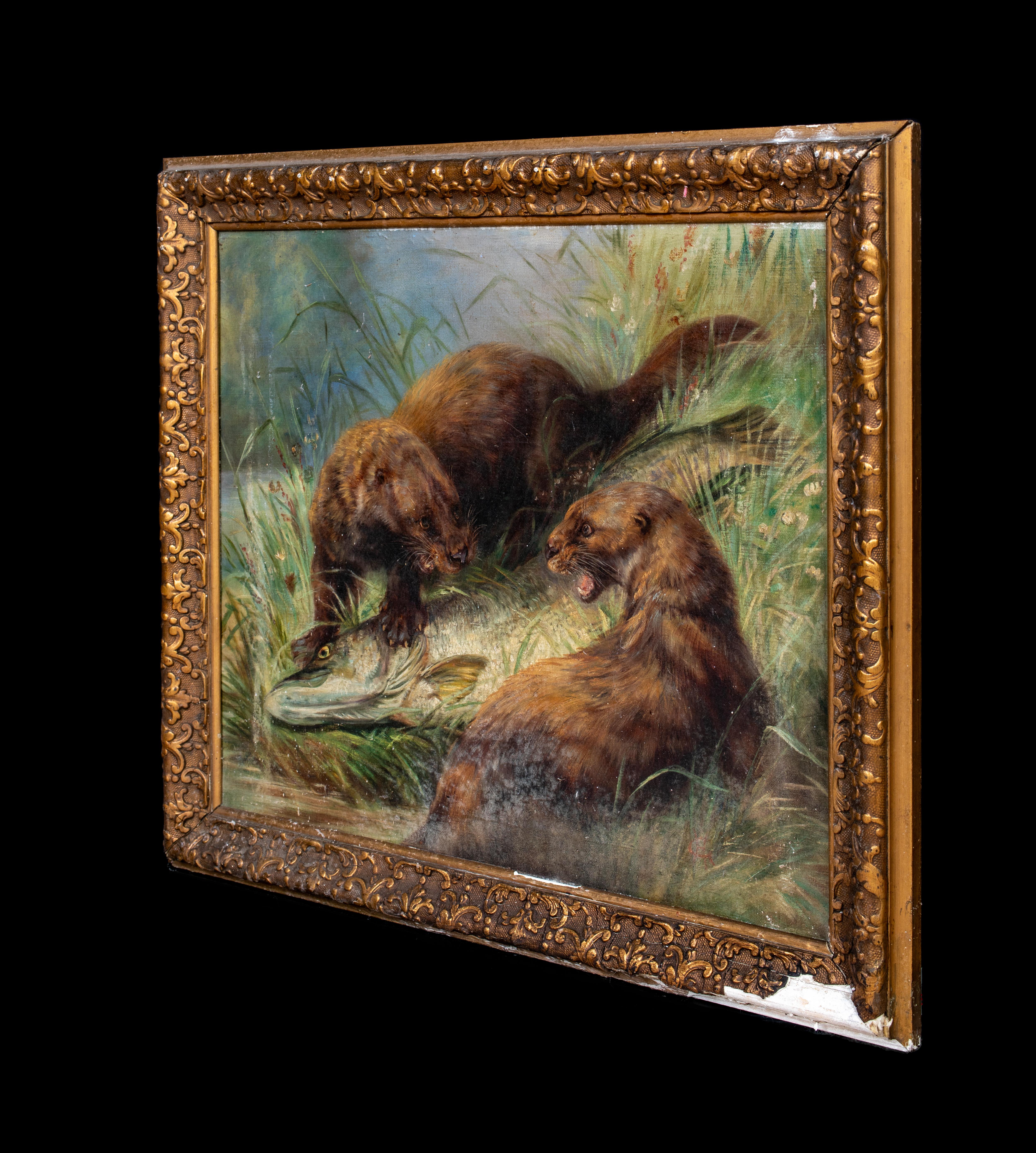 Otters Fighting Over A Pike, 19th Century  attributed to Henry Leonidas ROLFE  For Sale 5