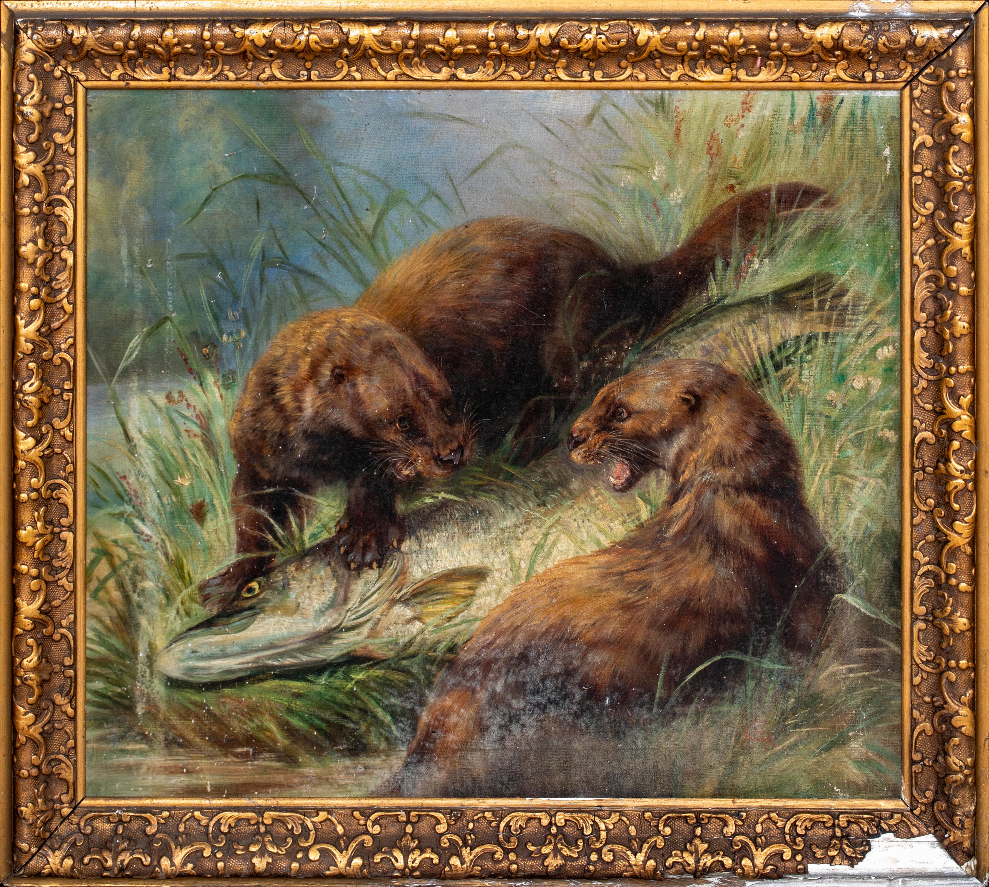 Henry Leonides Rolfe Animal Painting - Otters Fighting Over A Pike, 19th Century  attributed to Henry Leonidas ROLFE 