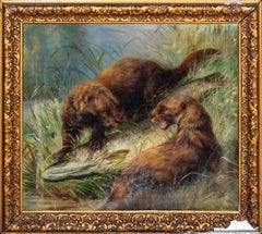 Antique Otters Fighting Over A Pike, 19th Century  attributed to Henry Leonidas ROLFE 