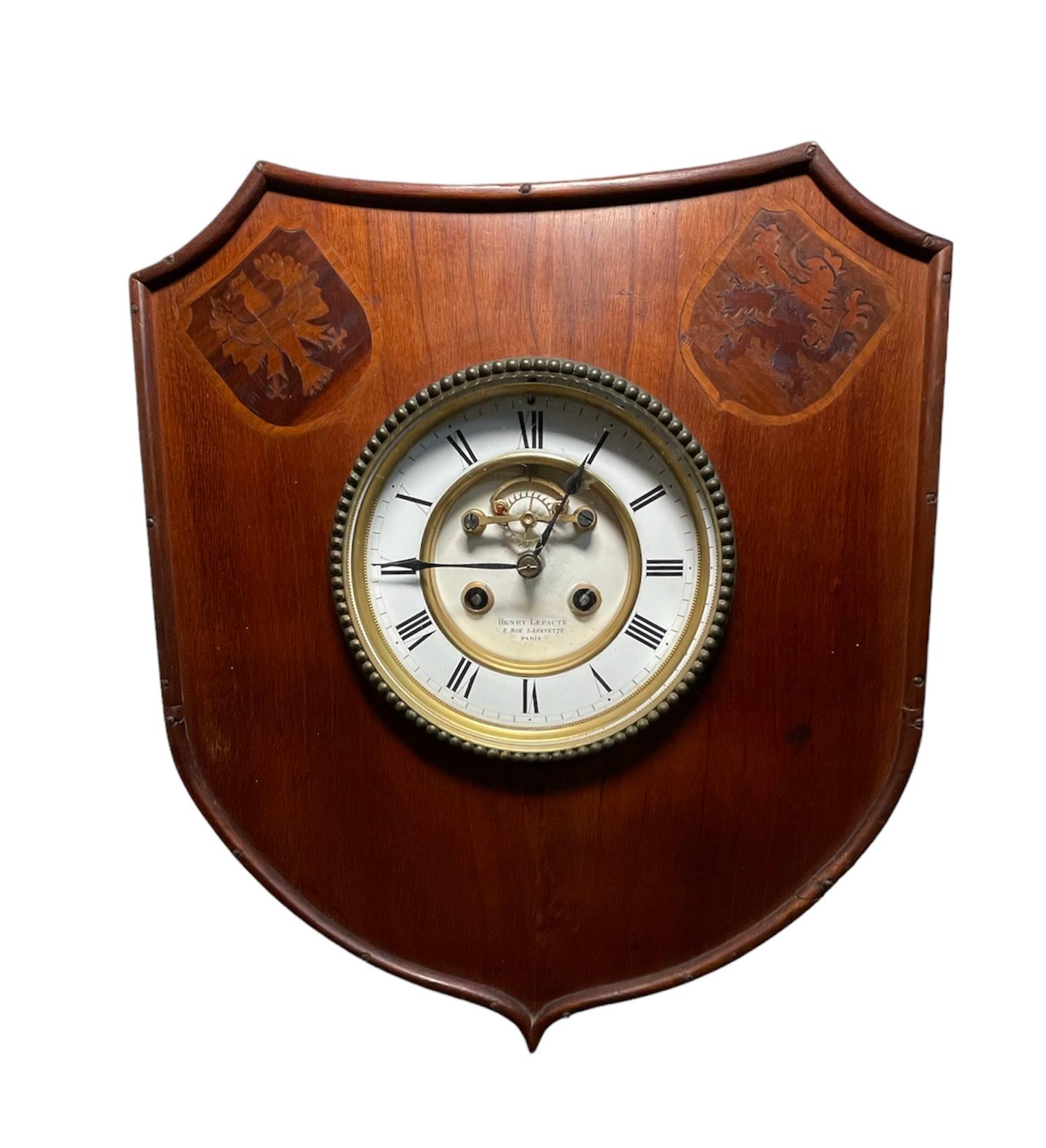 Marquetry Henry Lepaute Coat of Arm Shield Wall Clock For Sale