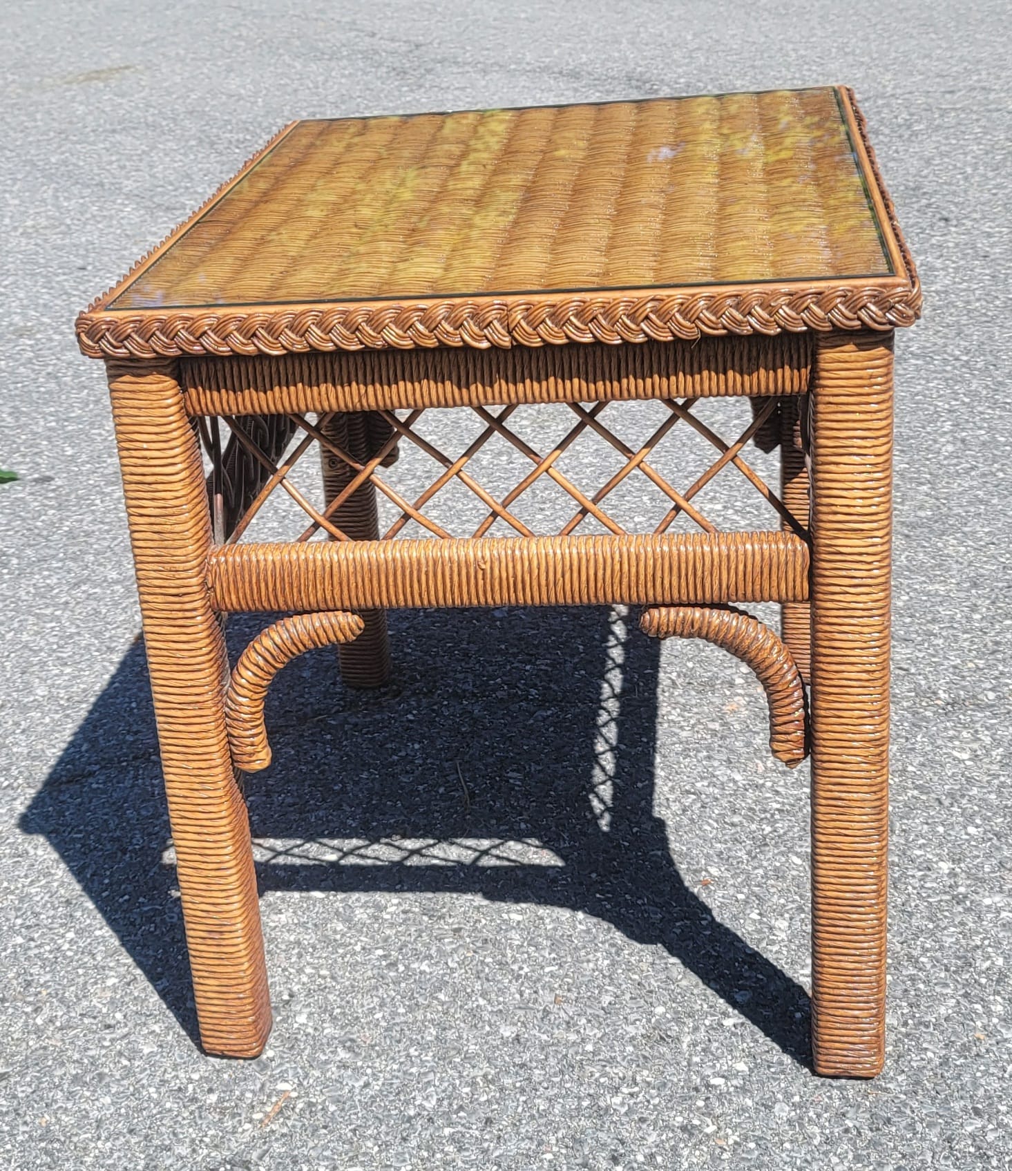 Bohemian Henry Link Boho Chic Wicker, Rattan and Glass Top Side Table For Sale