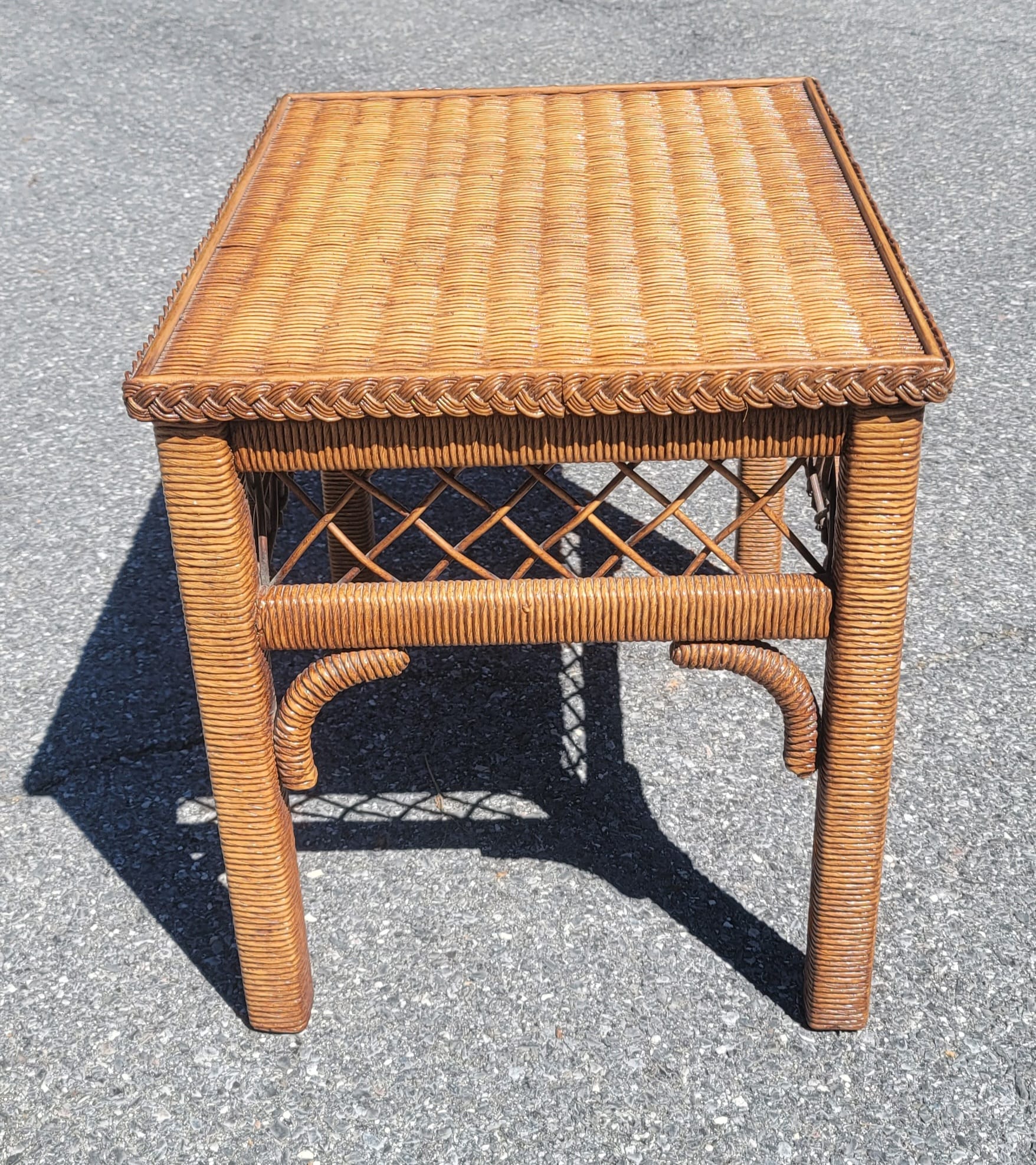 Hand-Crafted Henry Link Boho Chic Wicker, Rattan and Glass Top Side Table For Sale